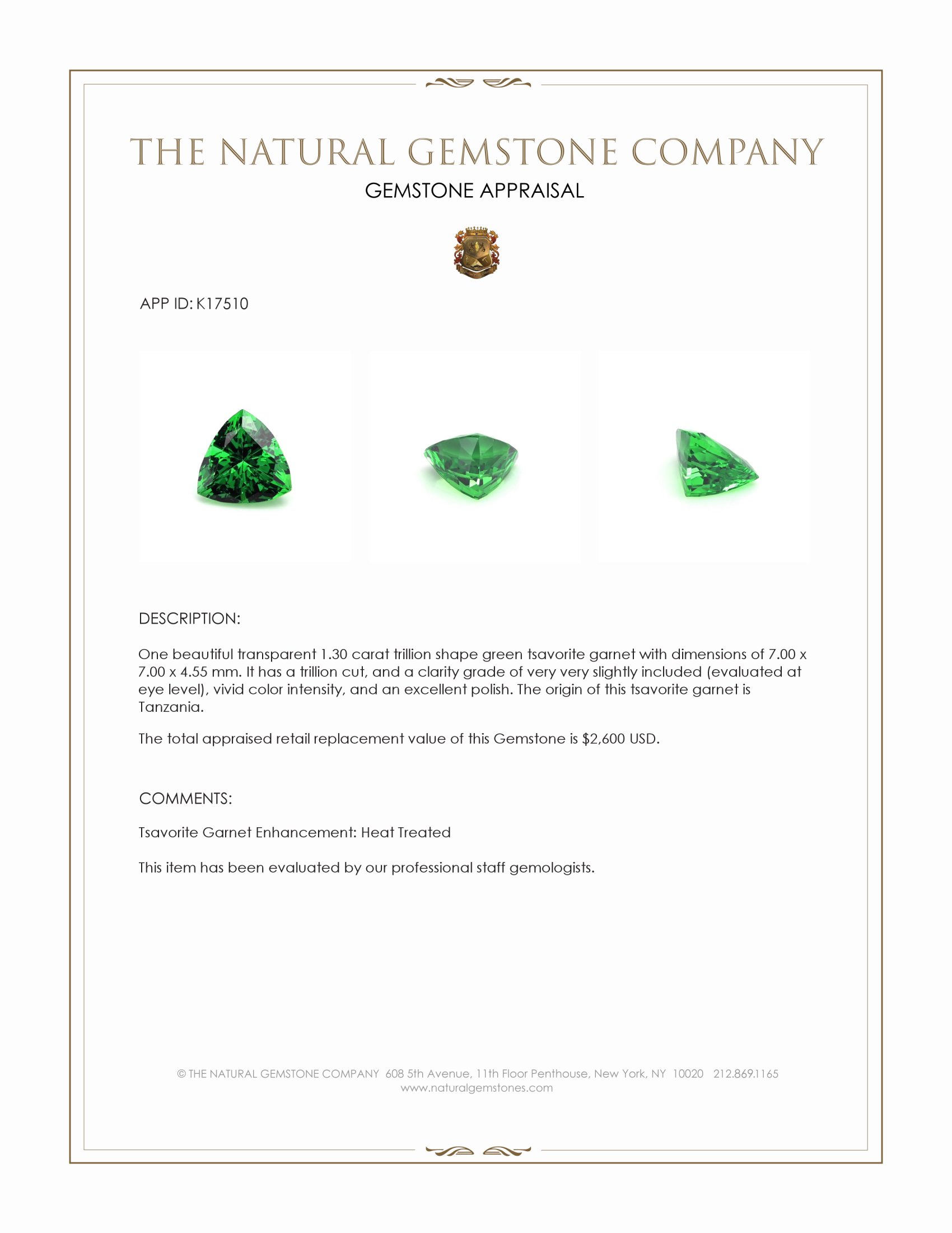 1.30 Ct. Tsavorite Garnet from Tanzania