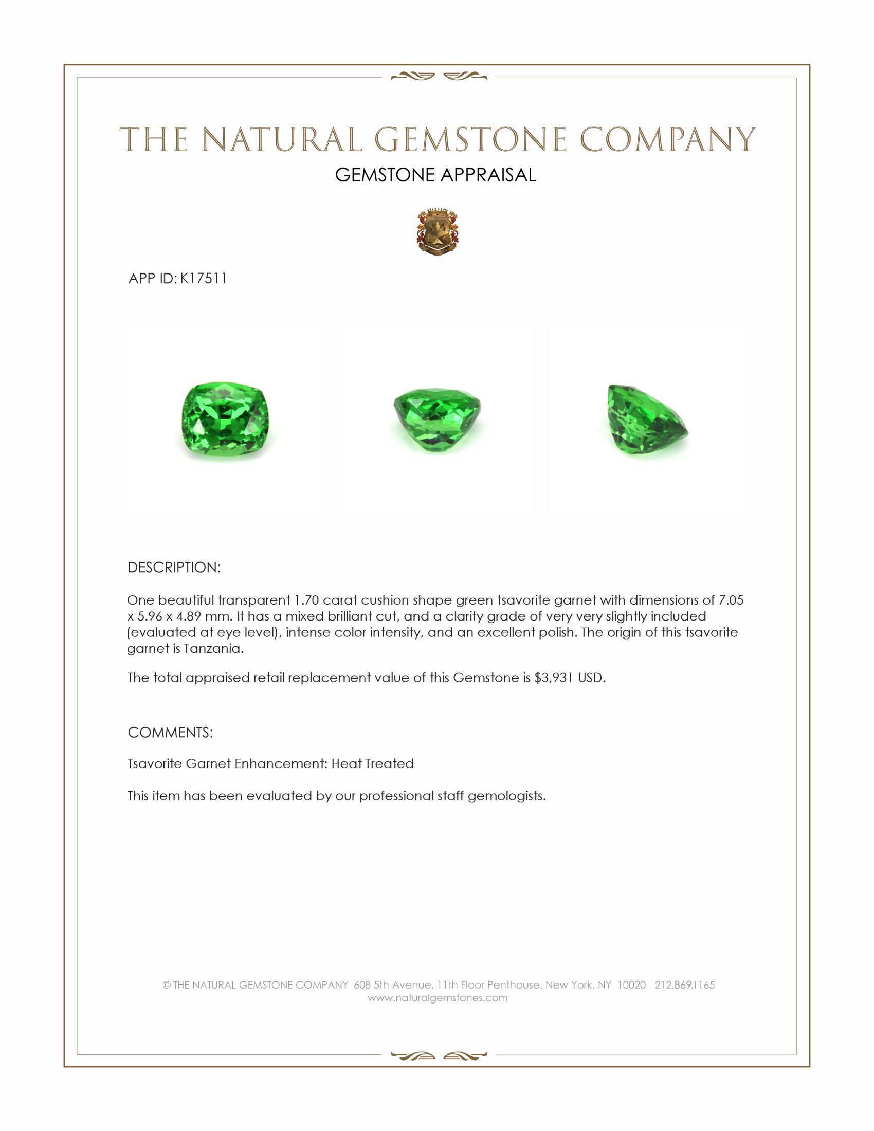 1.70 Ct. Tsavorite Garnet from Tanzania