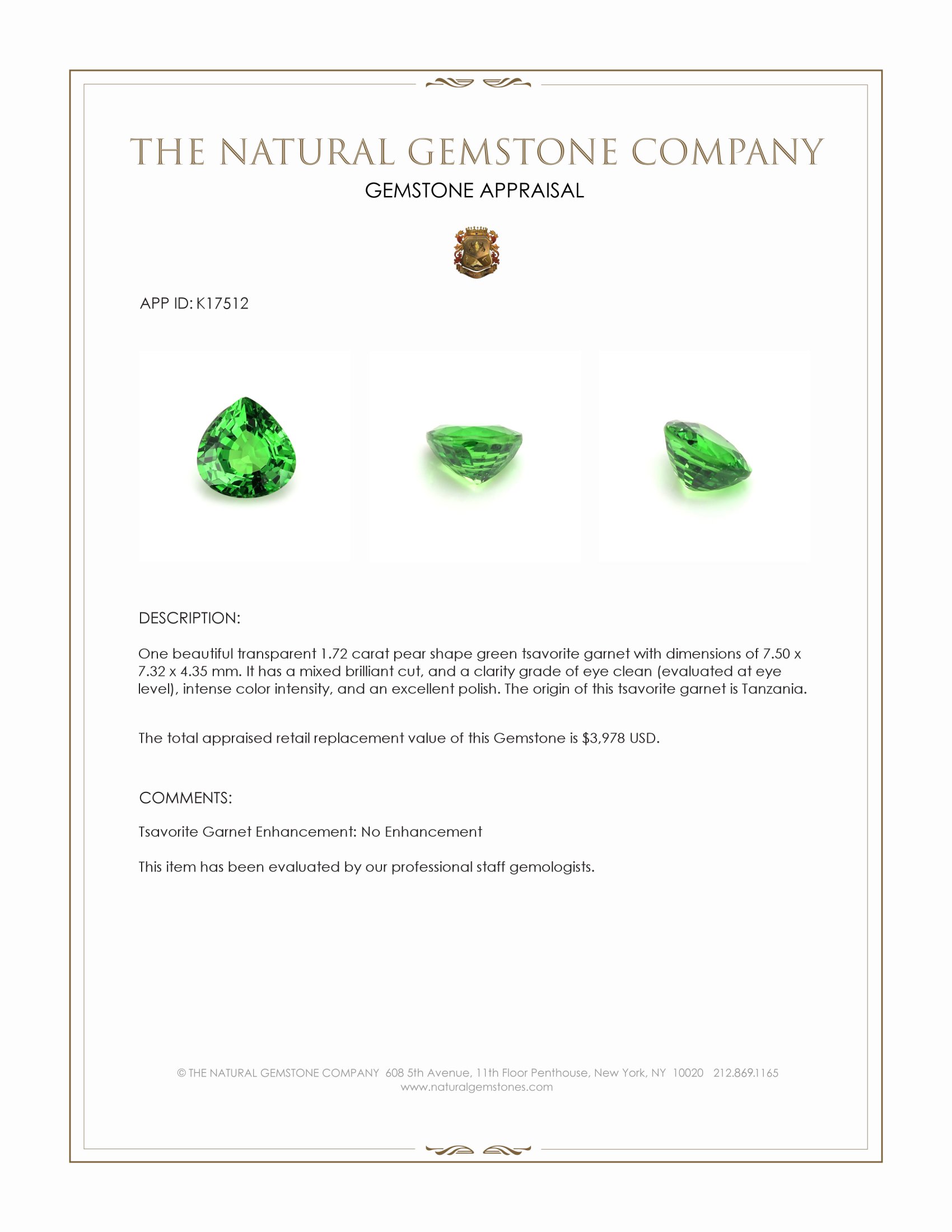 1.72 Ct. Tsavorite Garnet from Tanzania