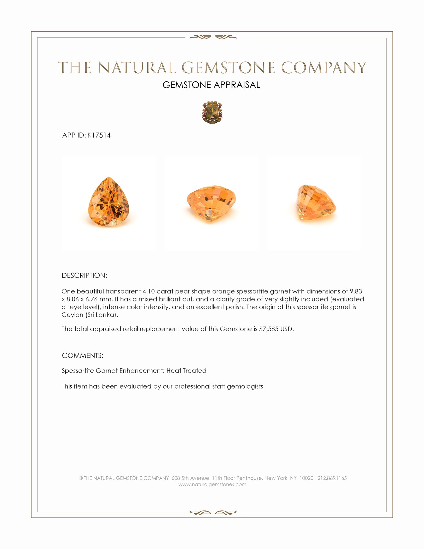 4.10 Ct. Orange Spessartite Garnet from Ceylon (Sri Lanka)