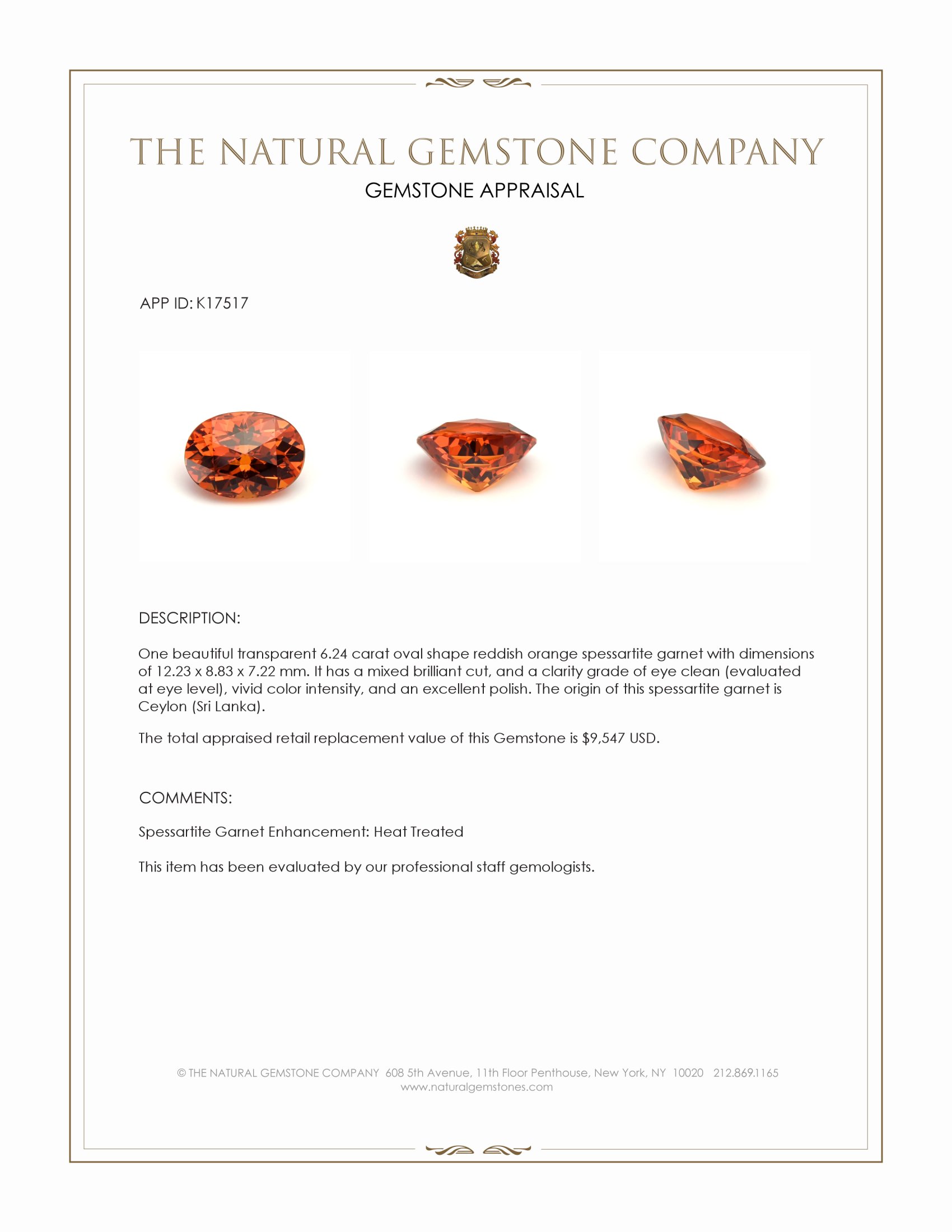 6.24 Ct. Spessartite Garnet from Ceylon (Sri Lanka)