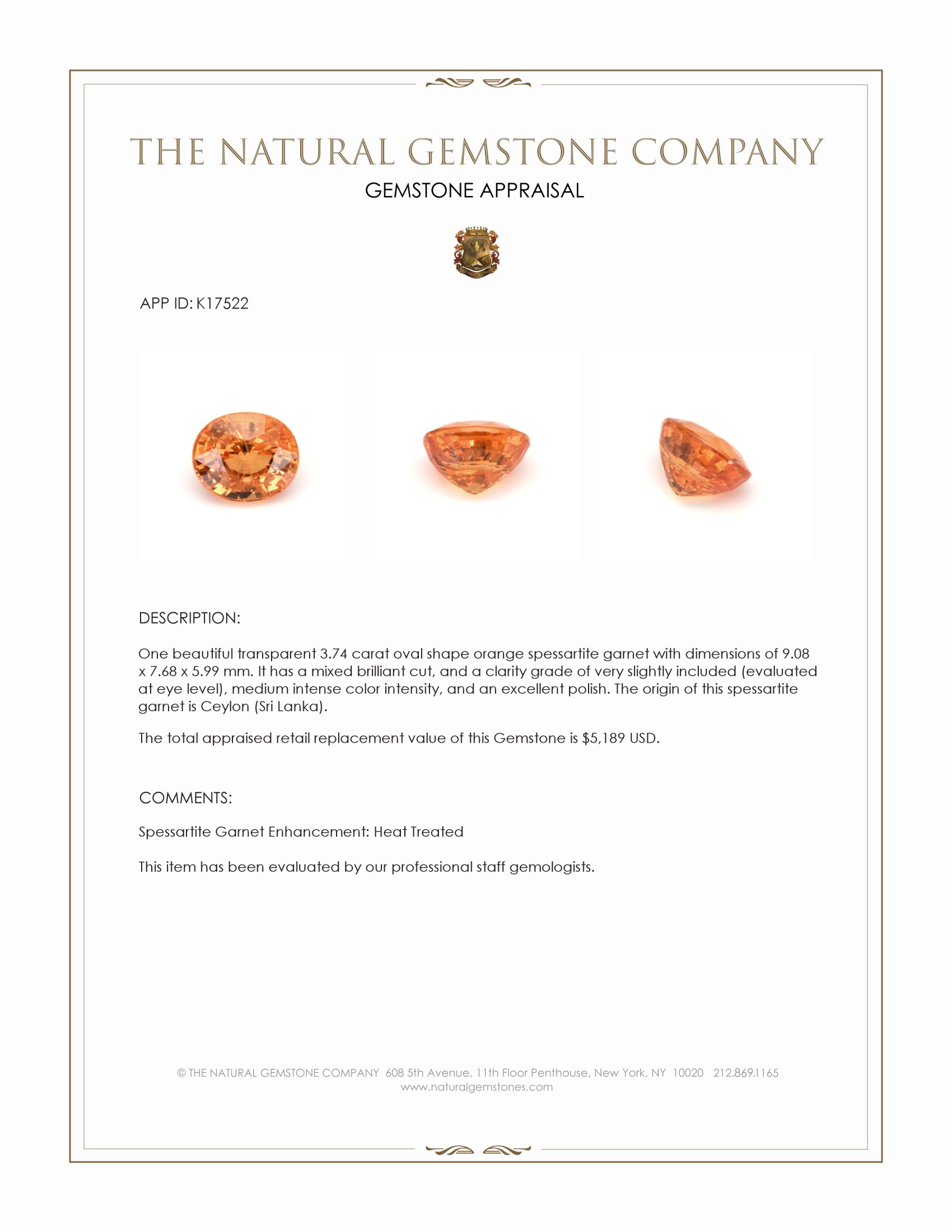 3.74 Ct. Orange Spessartite Garnet from Ceylon (Sri Lanka)