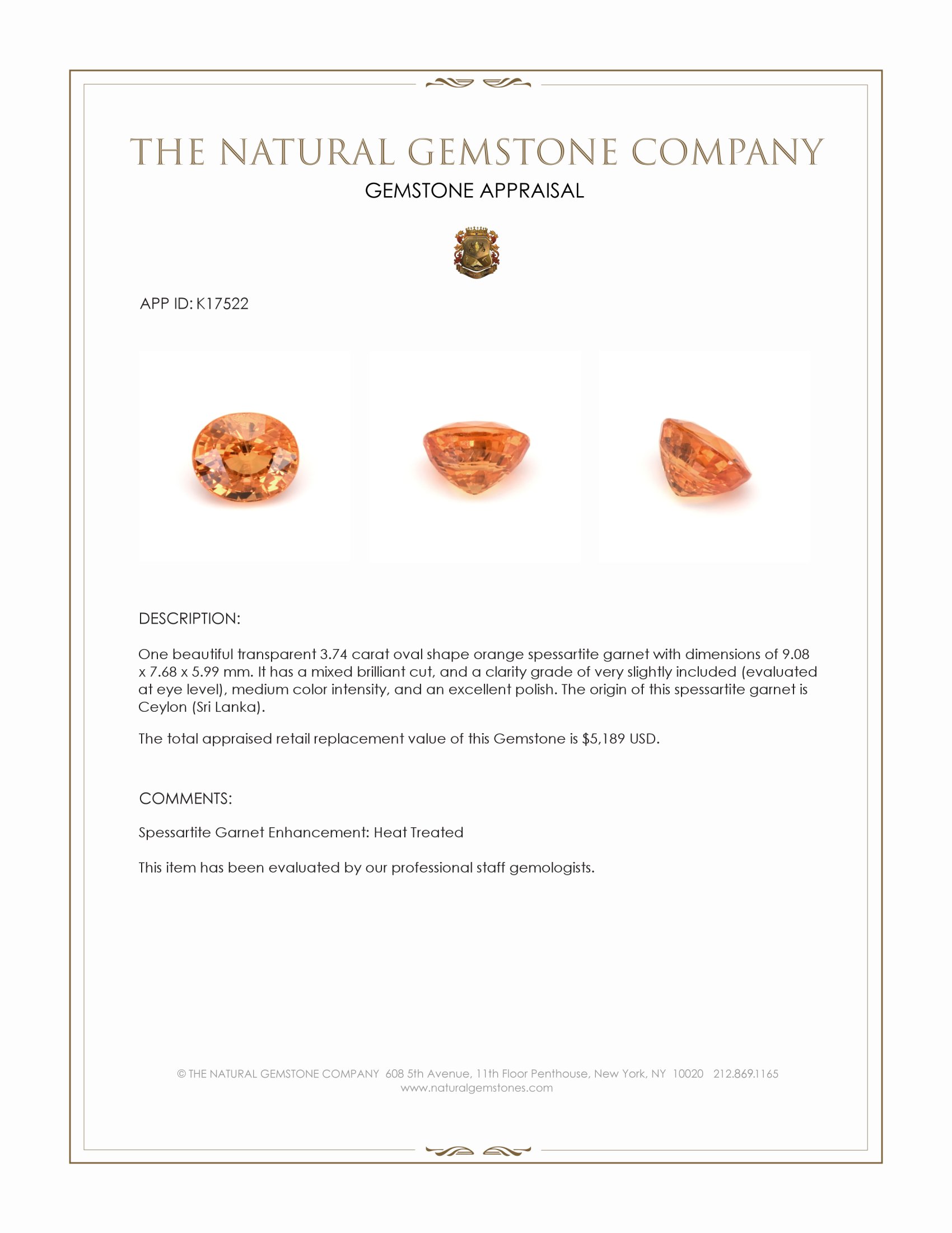 3.74 Ct. Spessartite Garnet from Ceylon (Sri Lanka)