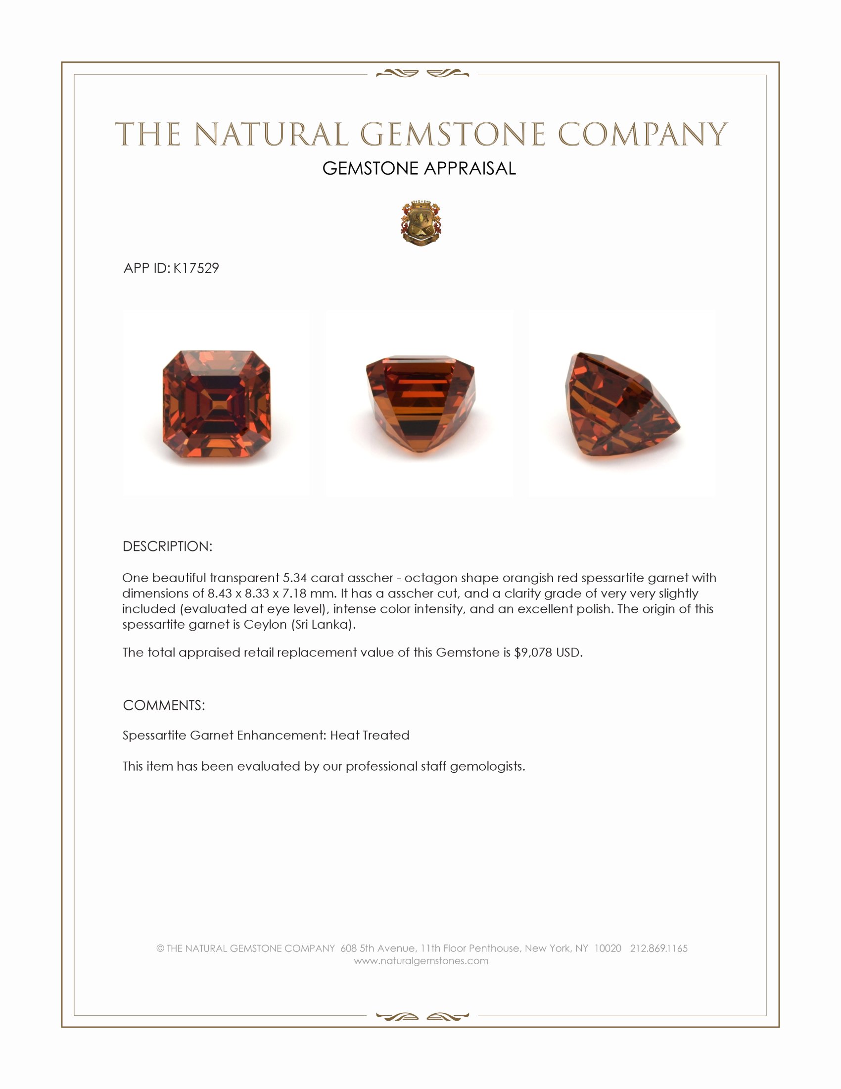 5.34 Ct. Spessartite Garnet from Ceylon (Sri Lanka)