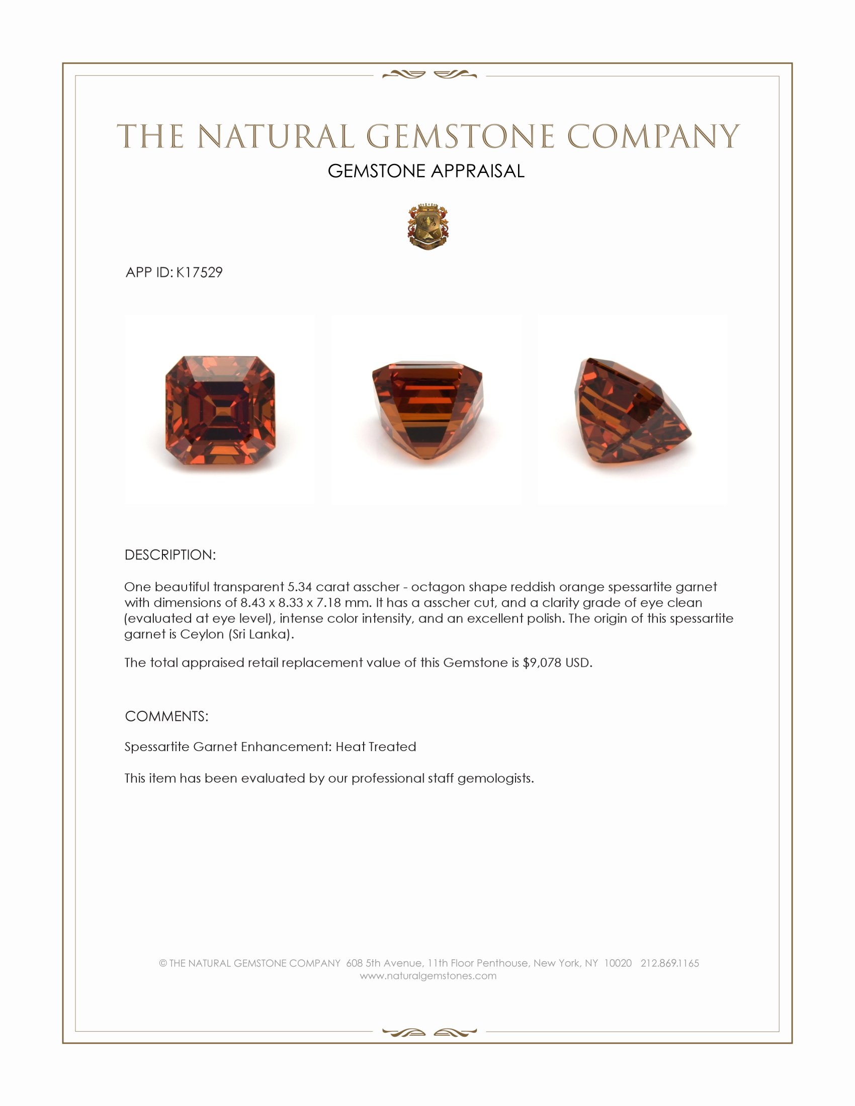 5.34 Ct. Reddish Orange Spessartite Garnet from Ceylon (Sri Lanka)