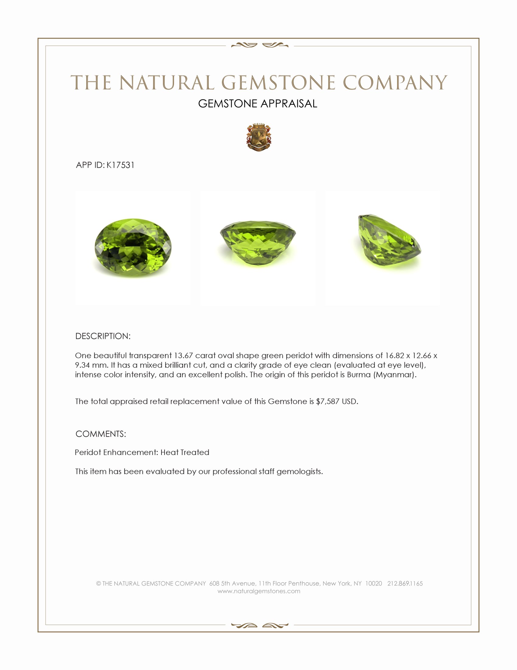 13.67 Ct. Green Peridot from Burma (Myanmar)