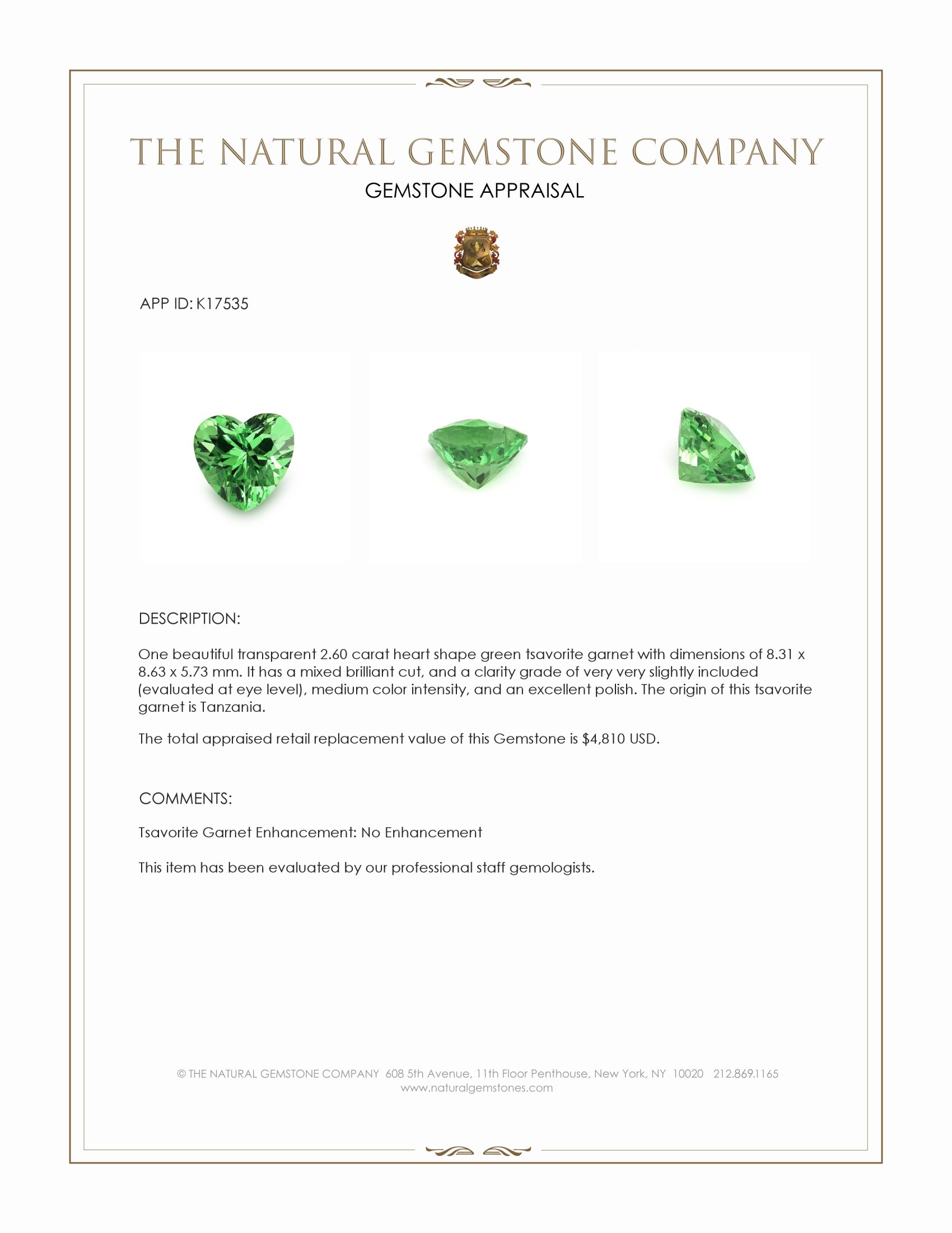 2.60 Ct. Tsavorite Garnet from Tanzania