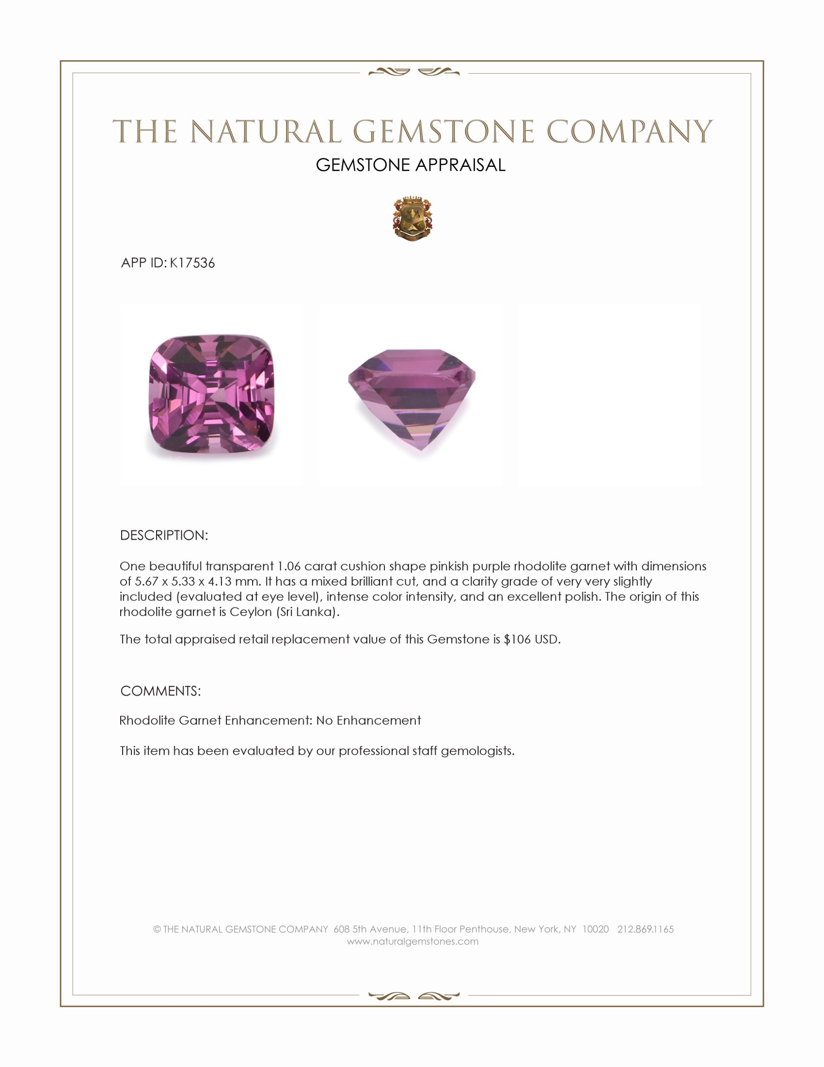 1.06 Ct. Rhodolite Garnet from Ceylon (Sri Lanka)