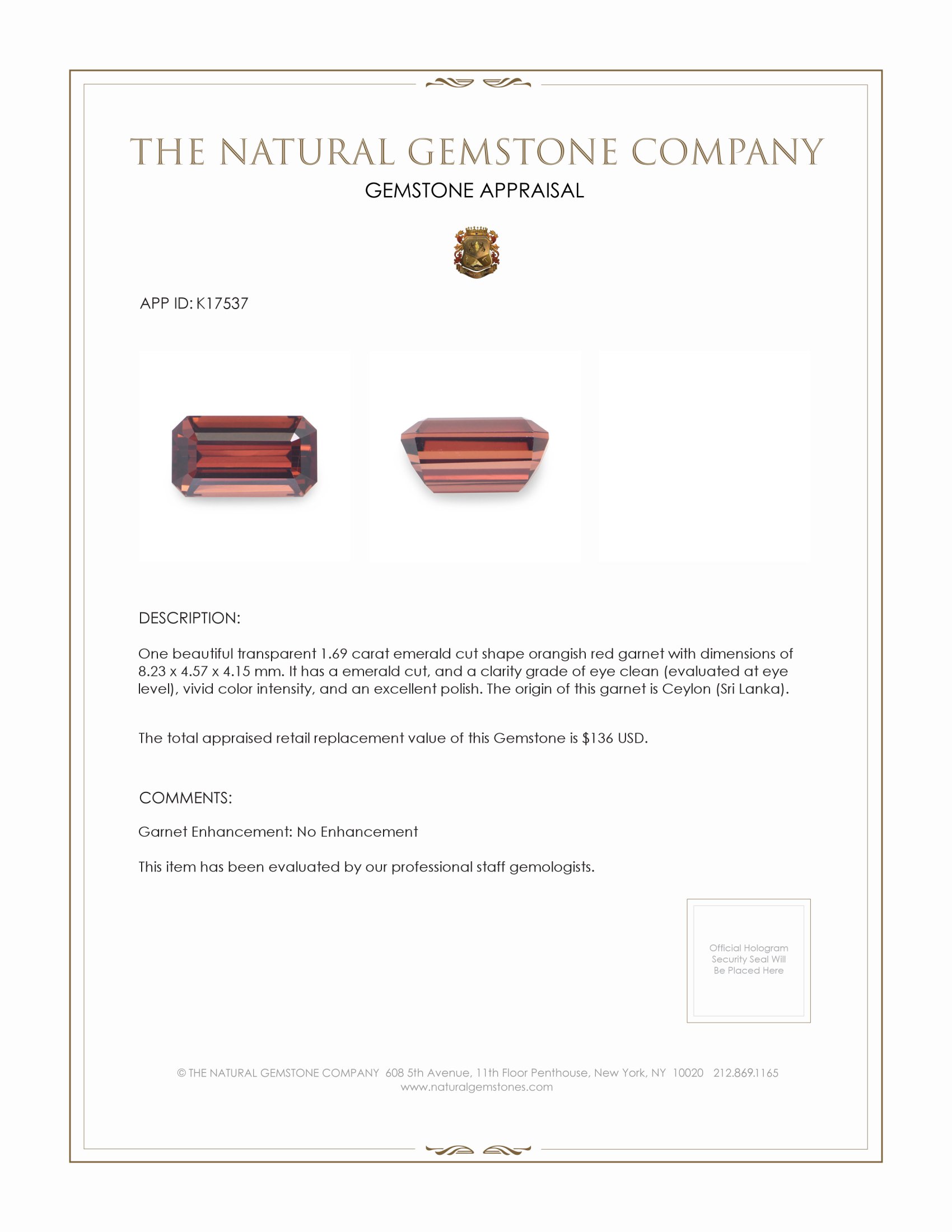 1.69 Ct. Garnet from Ceylon (Sri Lanka)