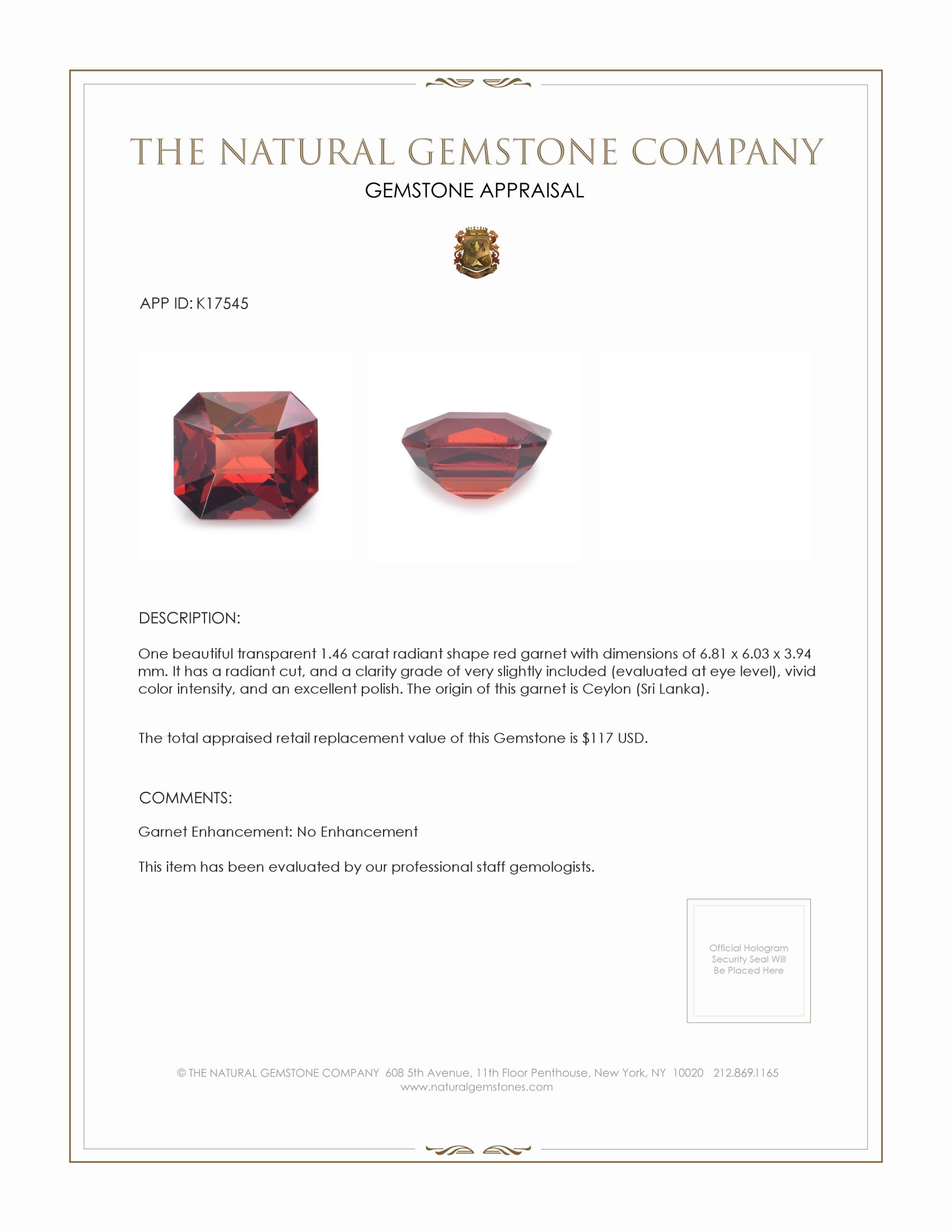 1.46 Ct. Red Garnet from Ceylon (Sri Lanka)