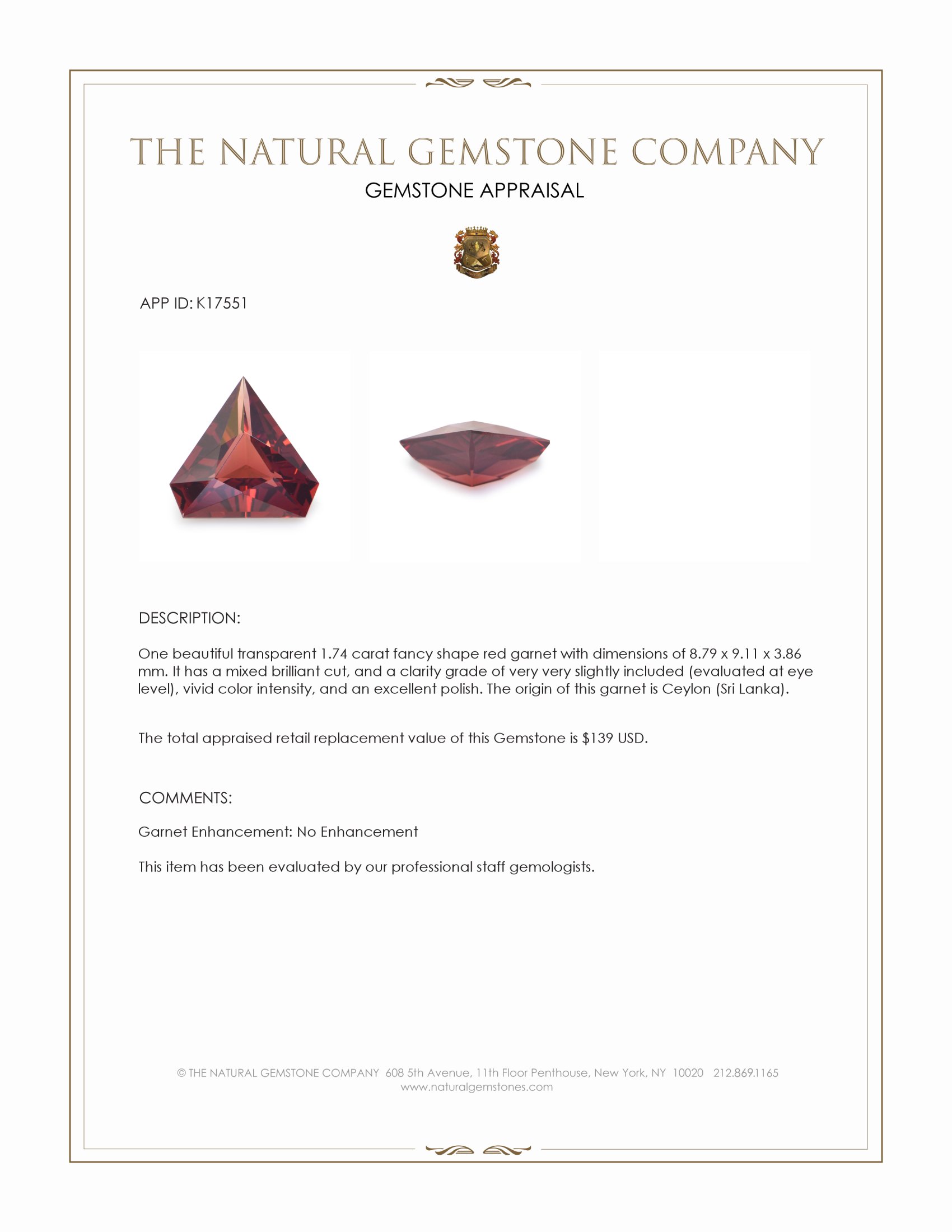 1.74 Ct. Red Garnet from Ceylon (Sri Lanka)