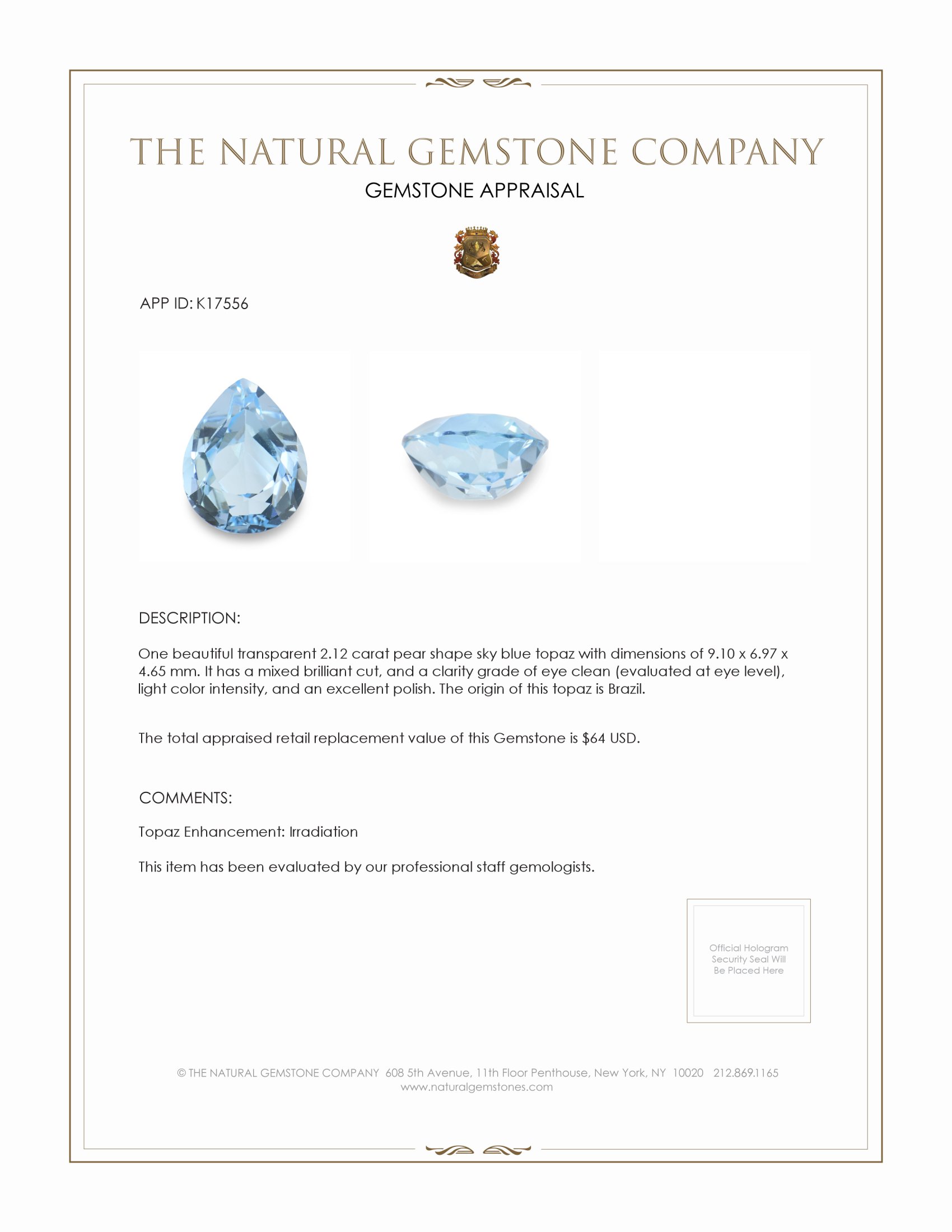 2.12 Ct. Sky Blue Topaz from Brazil