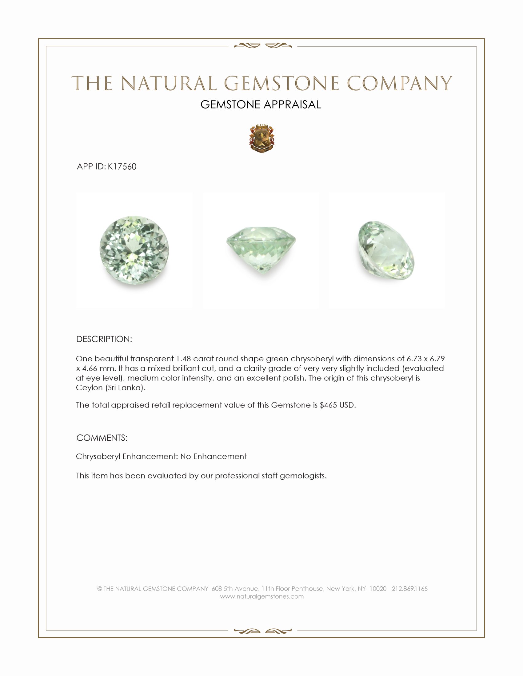 1.48 Ct. Chrysoberyl from Ceylon (Sri Lanka)