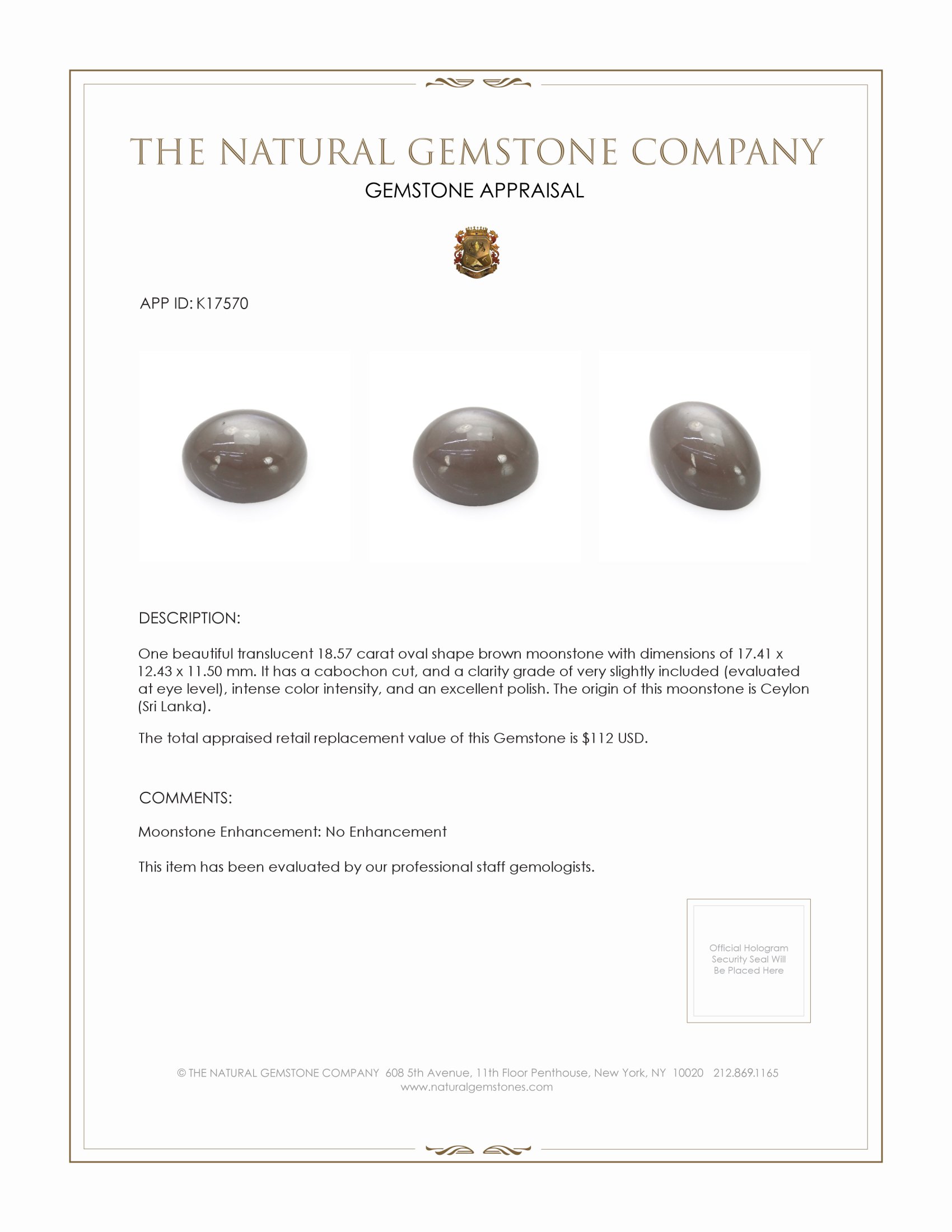 18.57 Ct. Brown Cabochon Moonstone from Ceylon (Sri Lanka)