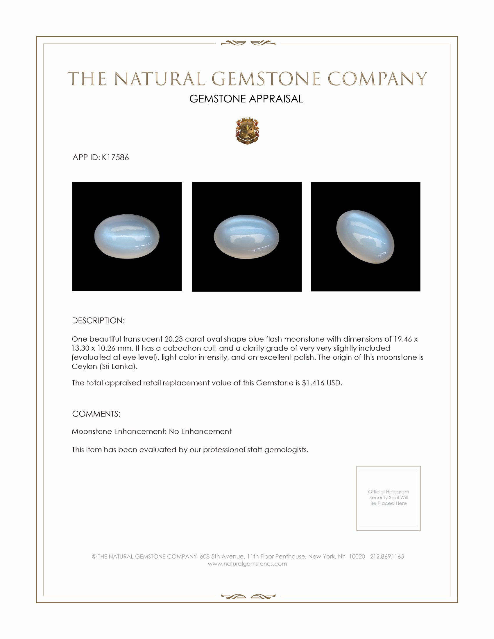 20.23 Ct. Cabochon Moonstone from Ceylon (Sri Lanka)