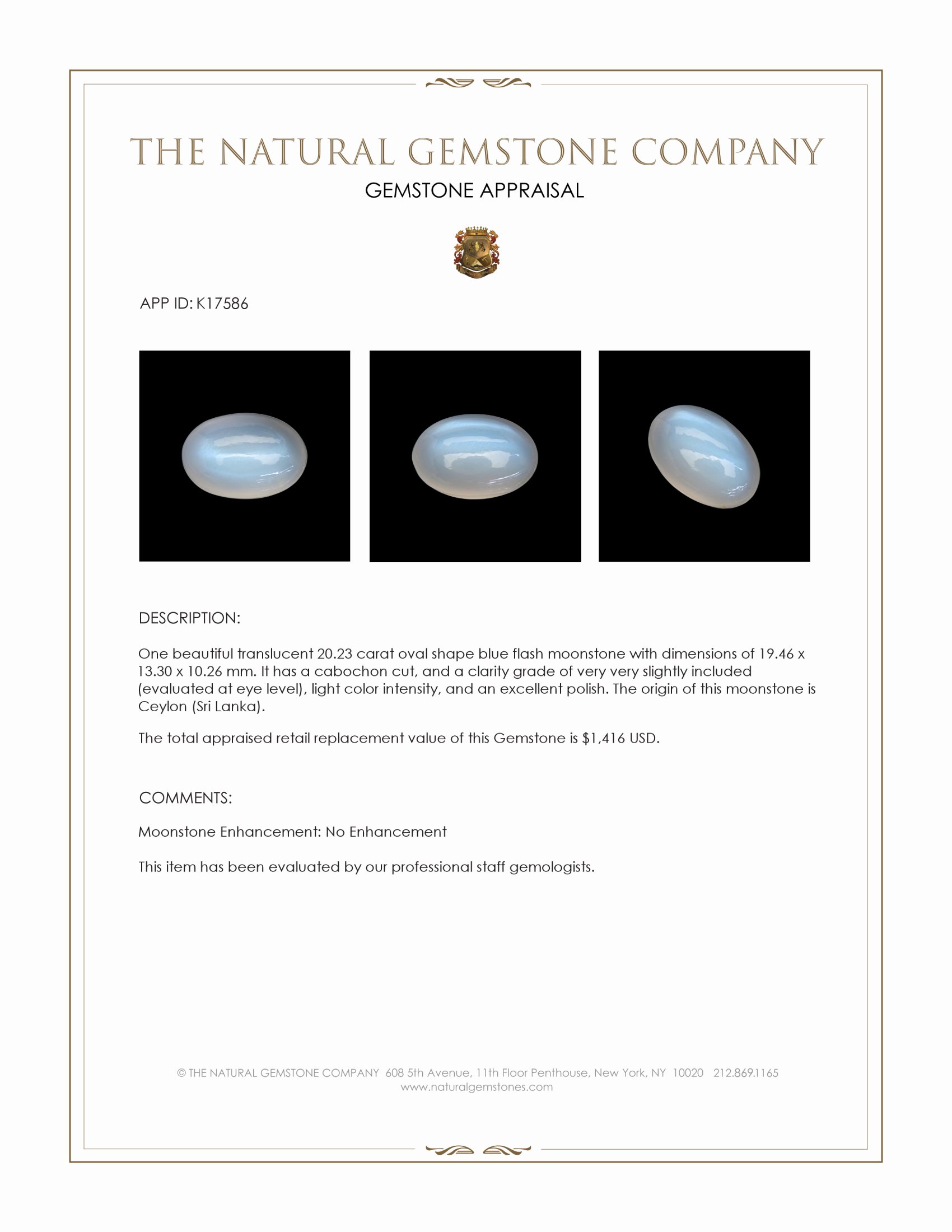 20.23 Ct. Blue Flash Cabochon Moonstone from Ceylon (Sri Lanka)