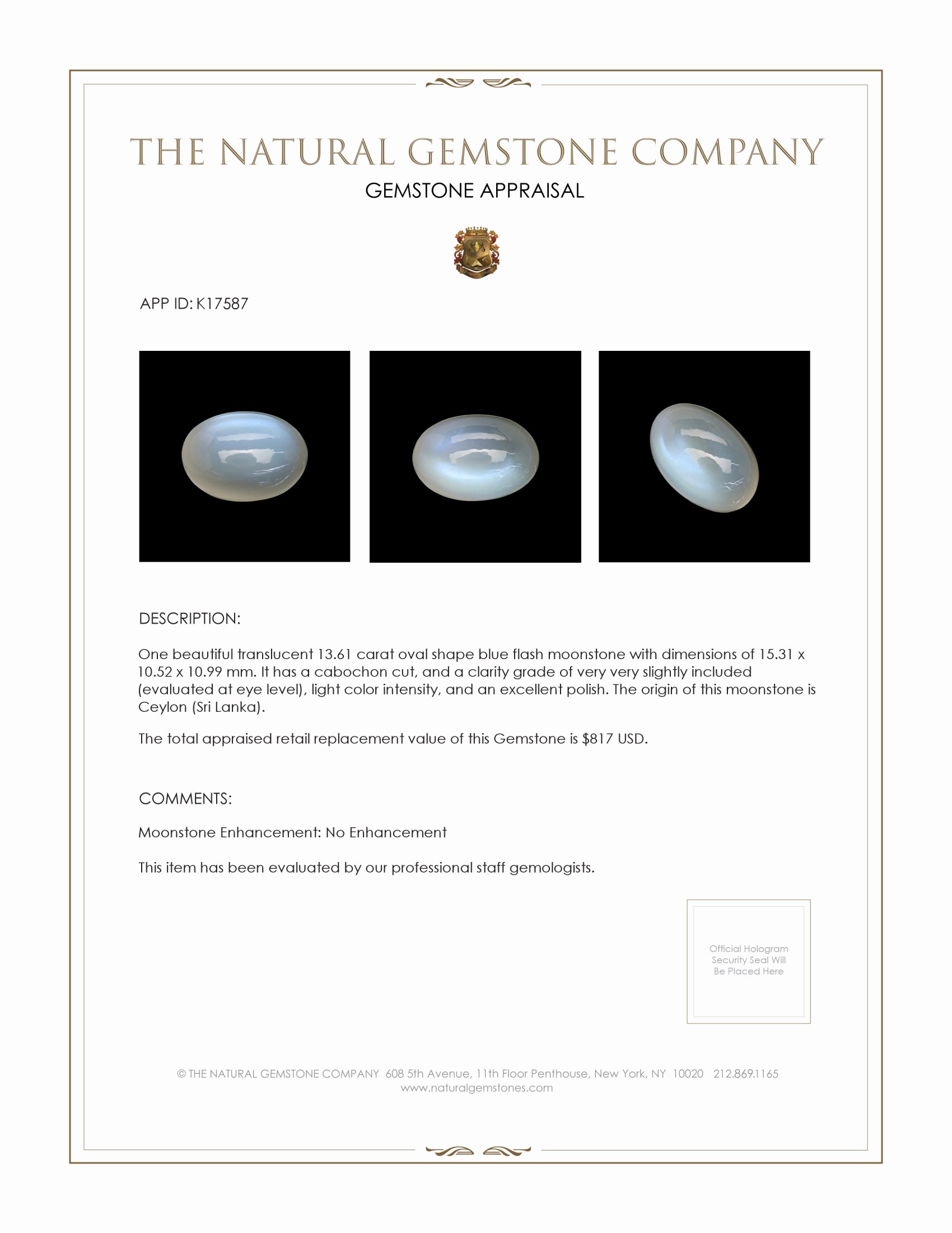 13.61 Ct. Cabochon Moonstone from Ceylon (Sri Lanka)