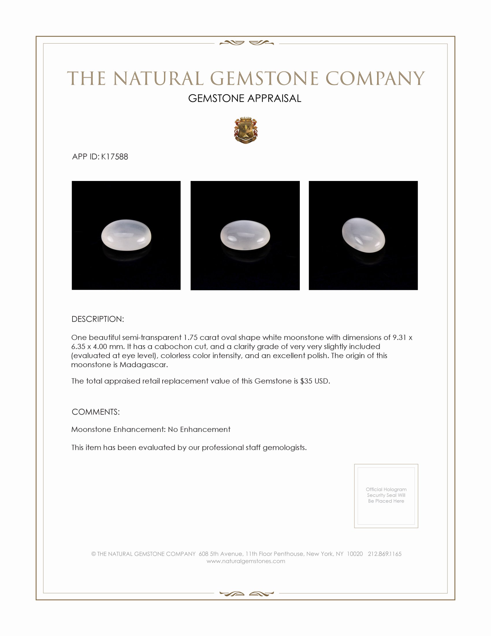 1.75 Ct. Cabochon Moonstone from Madagascar