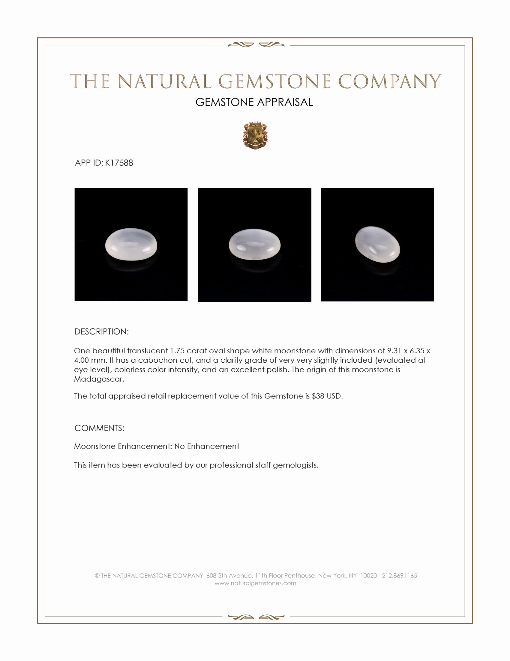 1.75 Ct. White Cabochon Moonstone from Madagascar