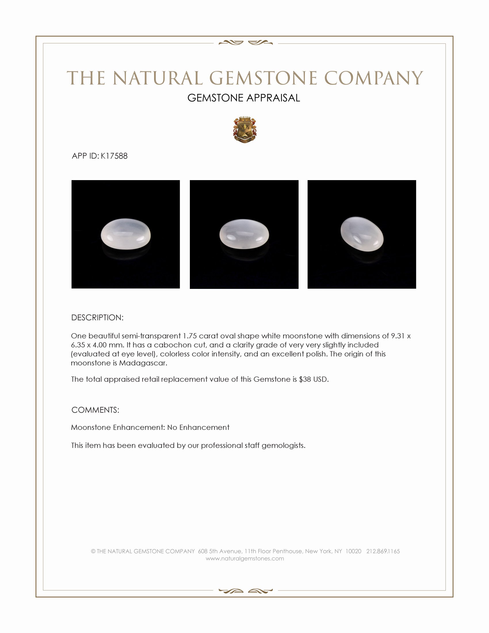 1.75 Ct. Cabochon Moonstone from Madagascar