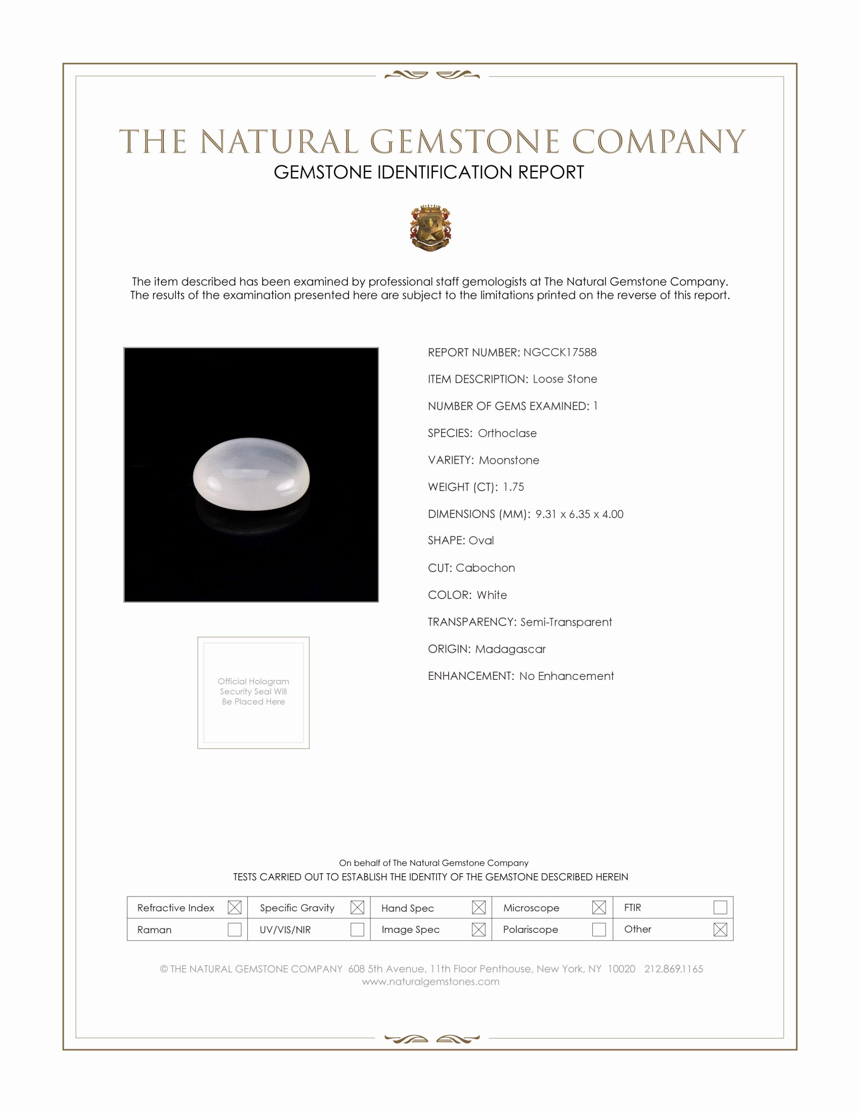 1.75 Ct. White Cabochon Moonstone from Madagascar