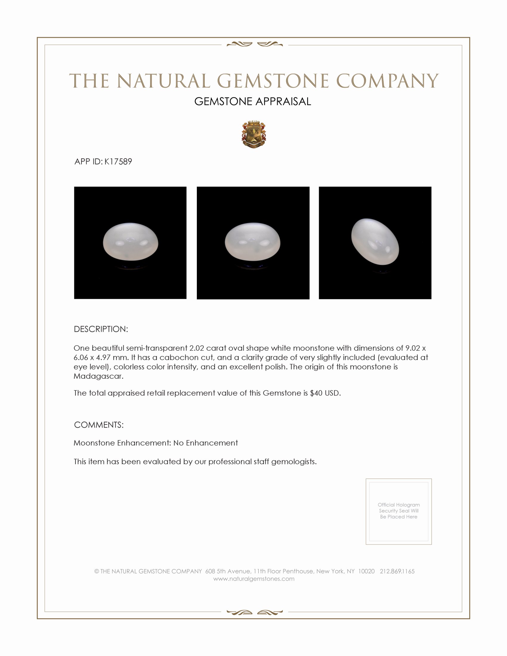 2.02 Ct. Cabochon Moonstone from Madagascar