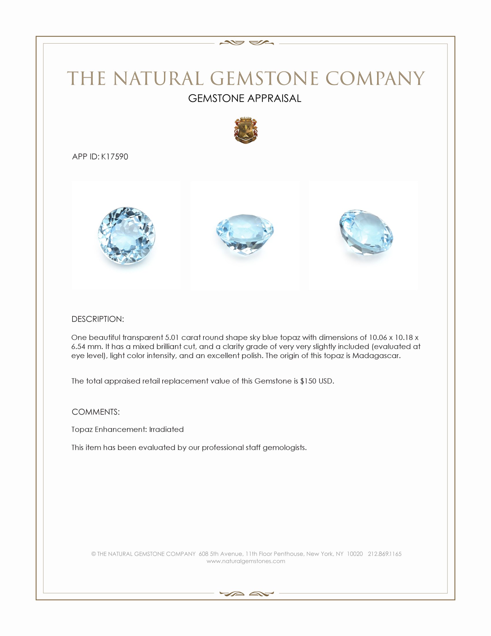 5.01 Ct. Sky Blue Topaz from Madagascar