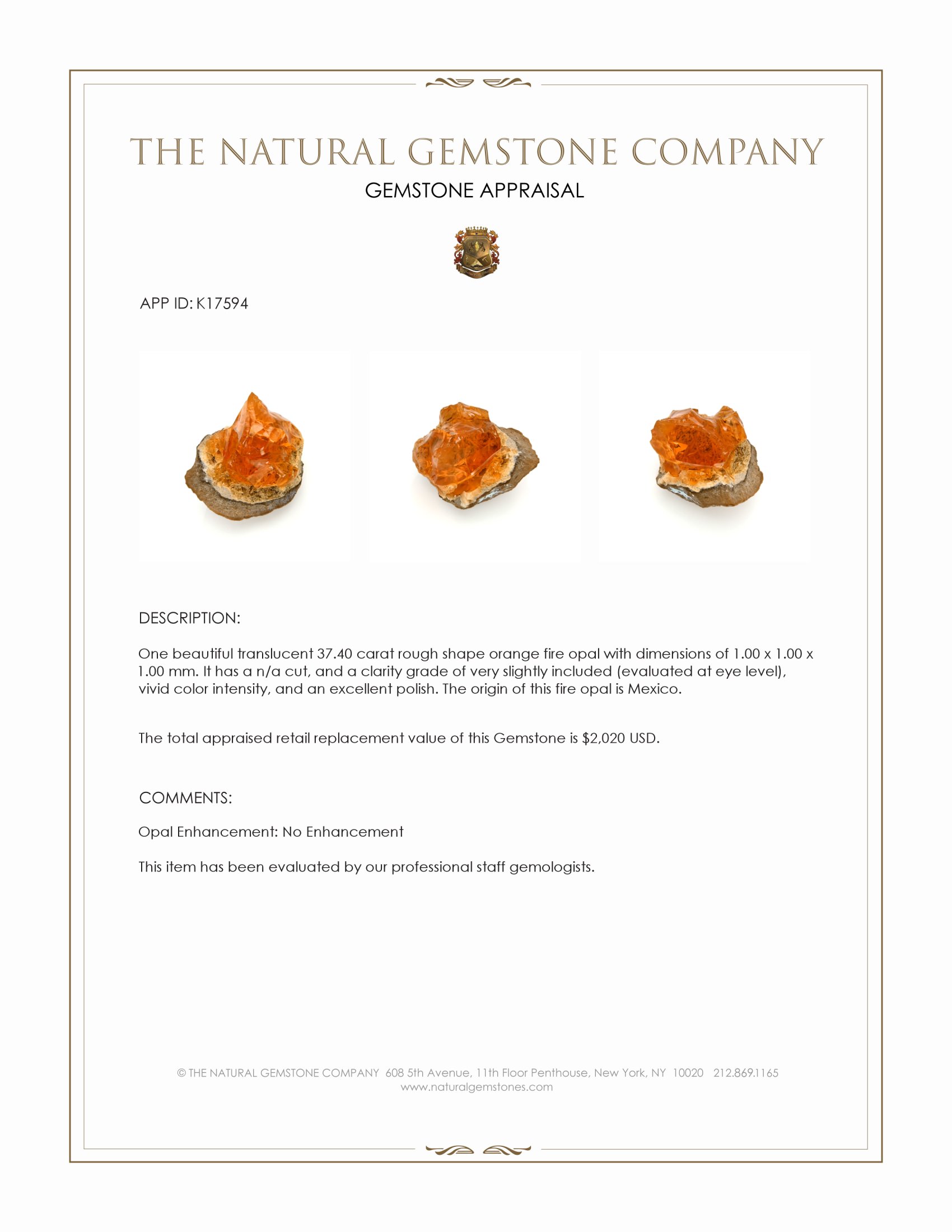 37.40 Ct. Fire Opal from Mexico