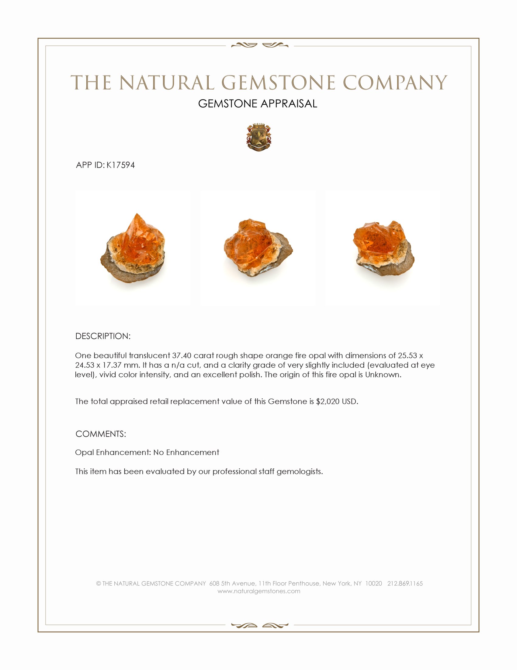 37.40 Ct. Orange Fire Opal