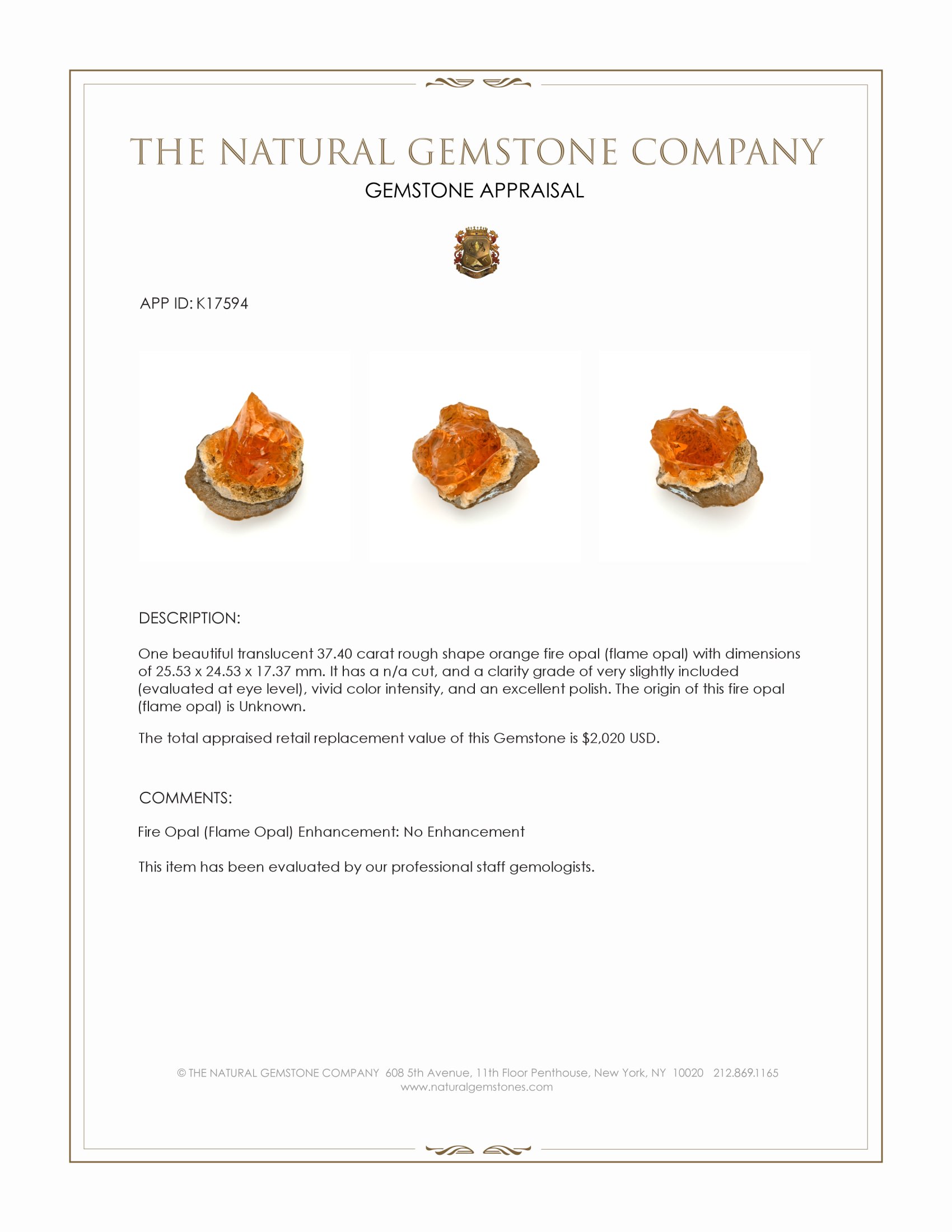 37.40 Ct. Orange Fire Opal (Flame Opal)