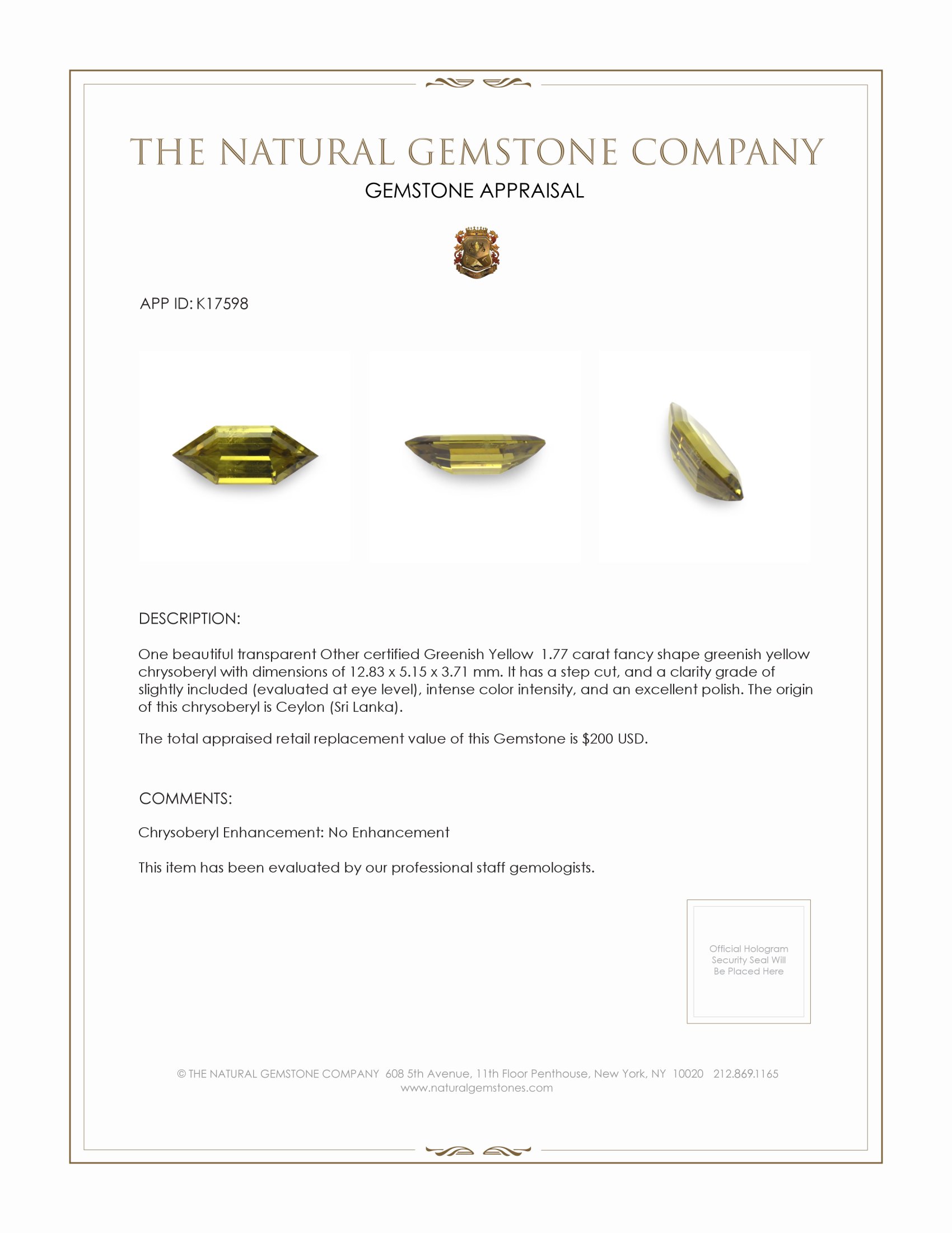 1.77 Ct. Greenish Yellow Chrysoberyl from Ceylon (Sri Lanka)