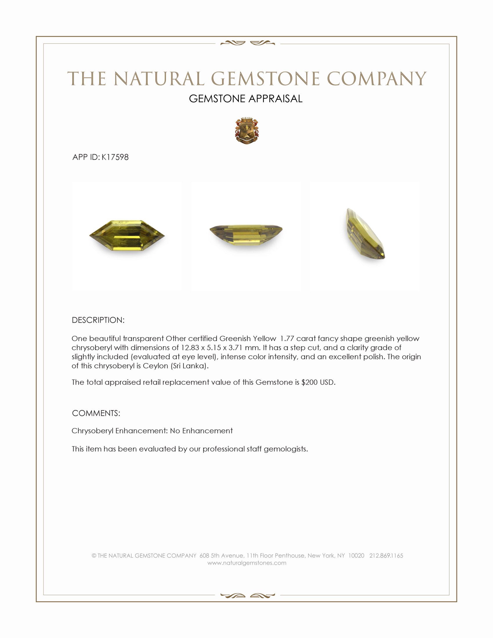 1.77 Ct. Chrysoberyl from Ceylon (Sri Lanka)