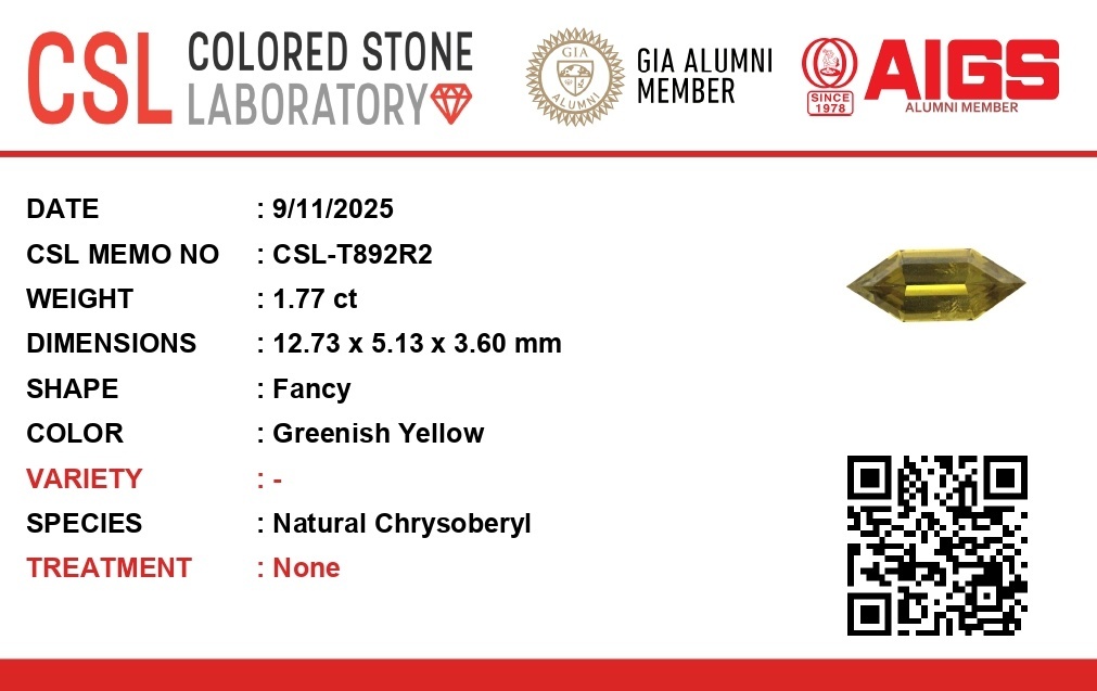 1.77 Ct. Chrysoberyl from Ceylon (Sri Lanka)