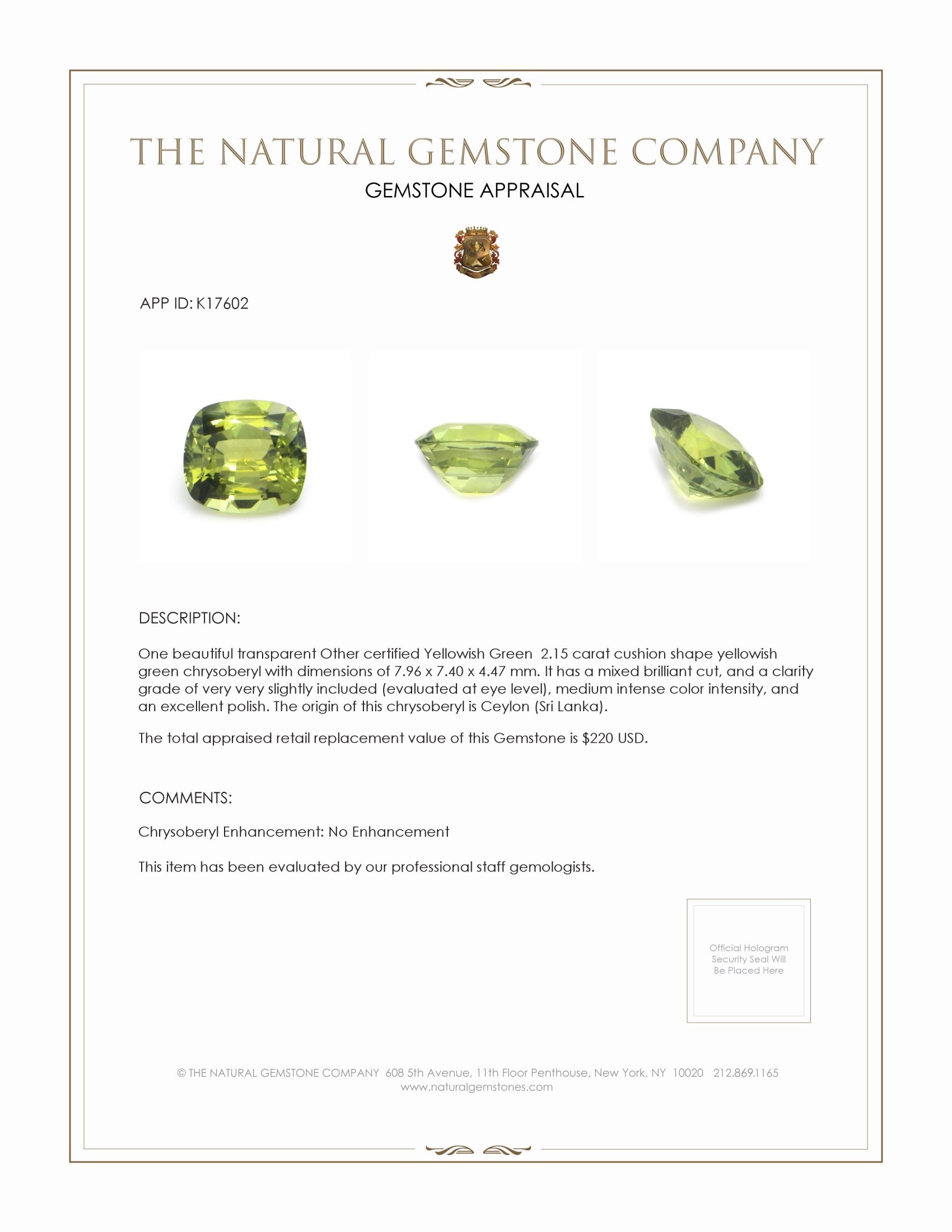 2.15 Ct. Chrysoberyl from Ceylon (Sri Lanka)