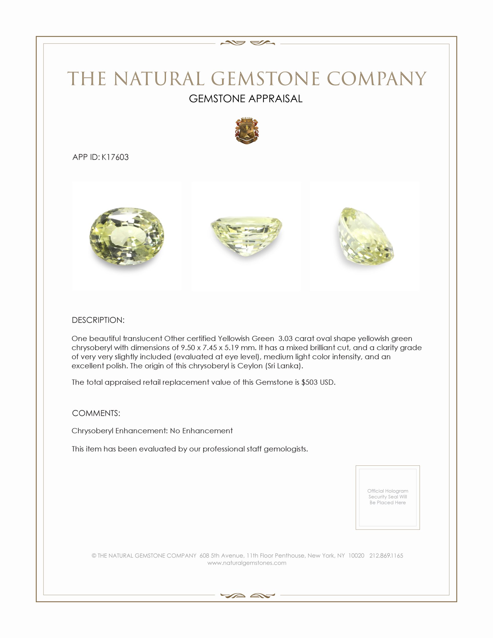 3.03 Ct. Yellowish Green Chrysoberyl from Ceylon (Sri Lanka)