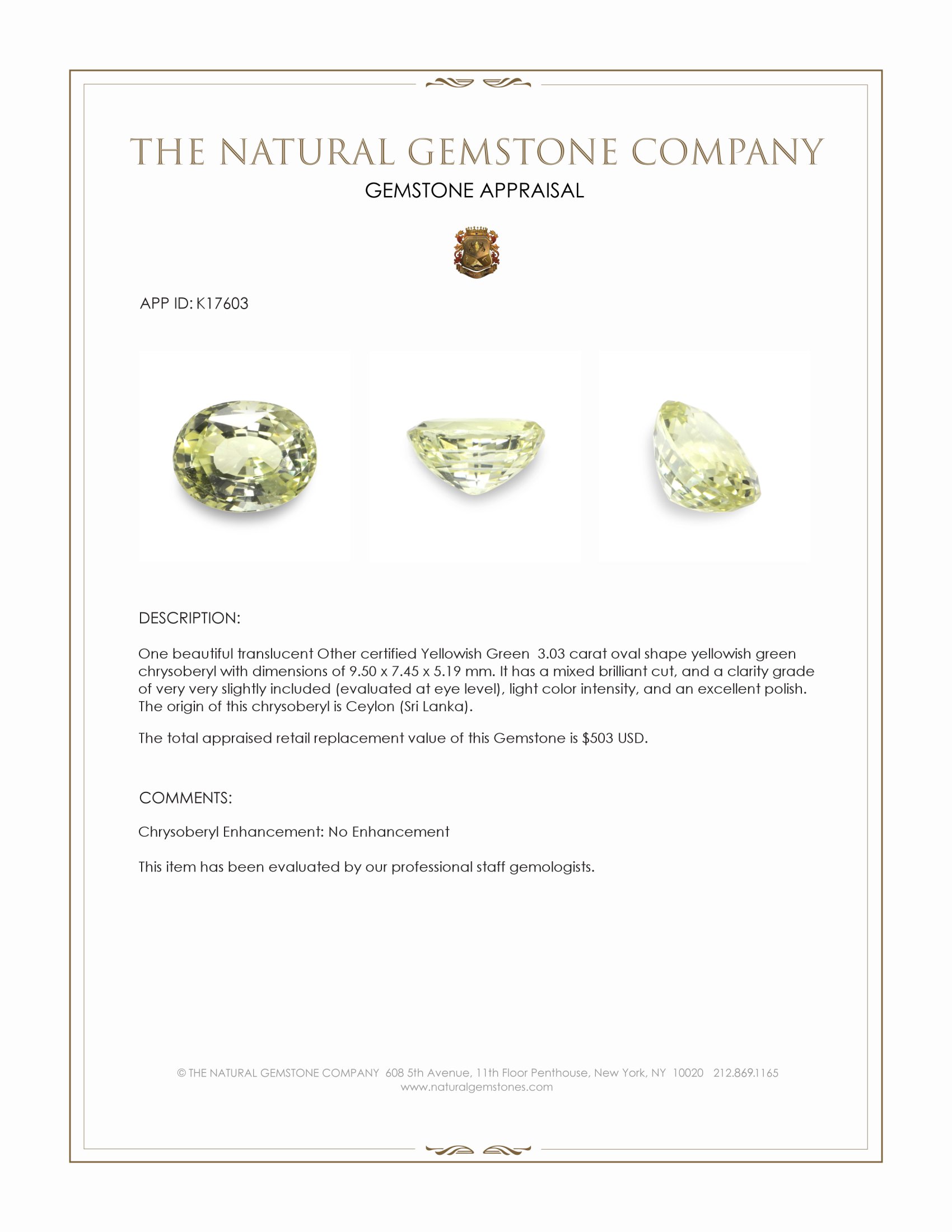 3.03 Ct. Chrysoberyl from Ceylon (Sri Lanka)