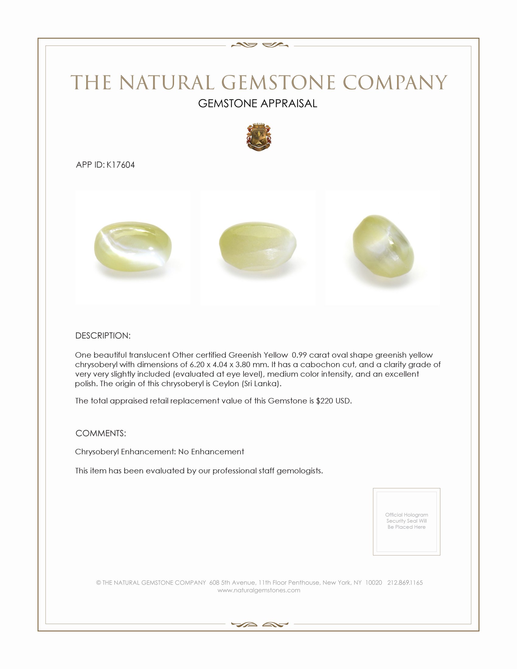 0.99 Ct. Cabochon Chrysoberyl from Ceylon (Sri Lanka)