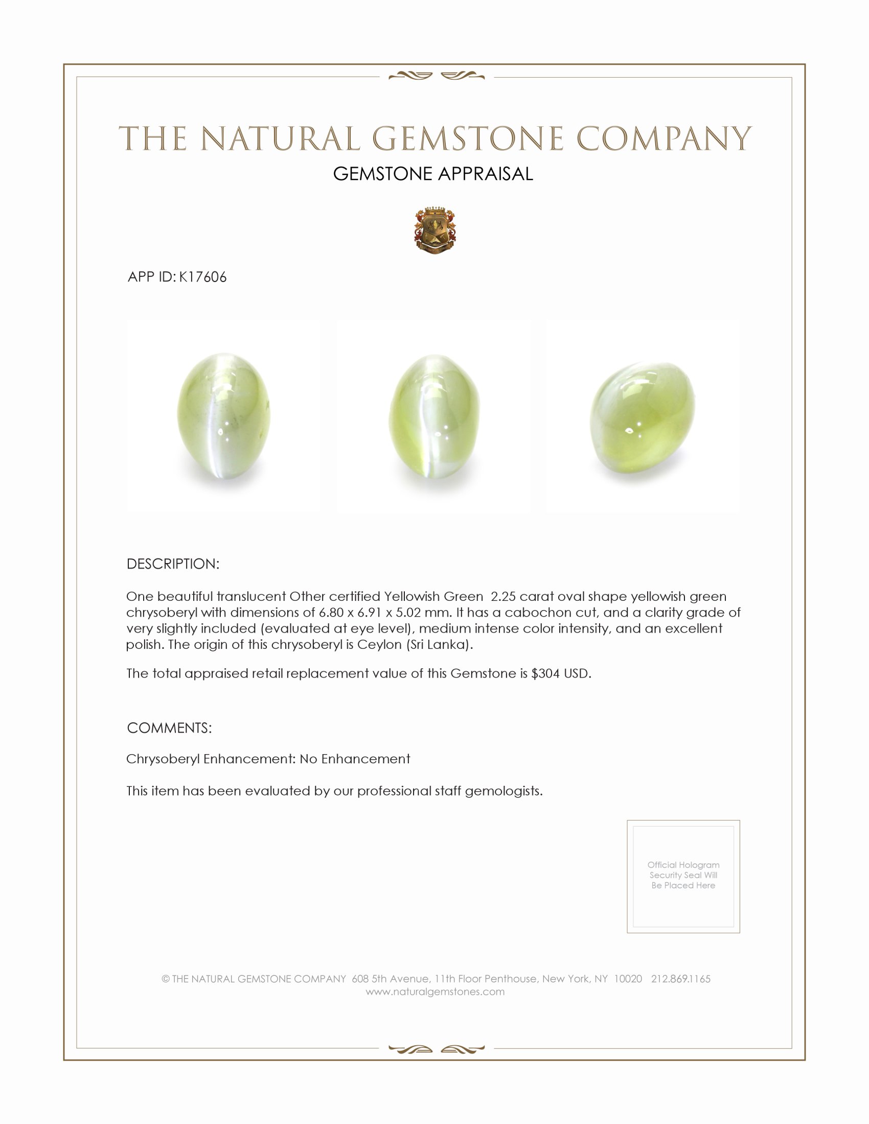 2.25 Ct. Cabochon Chrysoberyl from Ceylon (Sri Lanka)