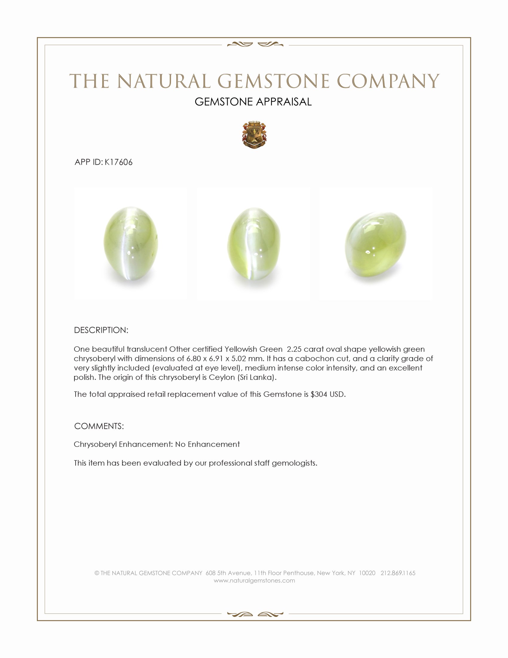 2.25 Ct. Cabochon Chrysoberyl from Ceylon (Sri Lanka)