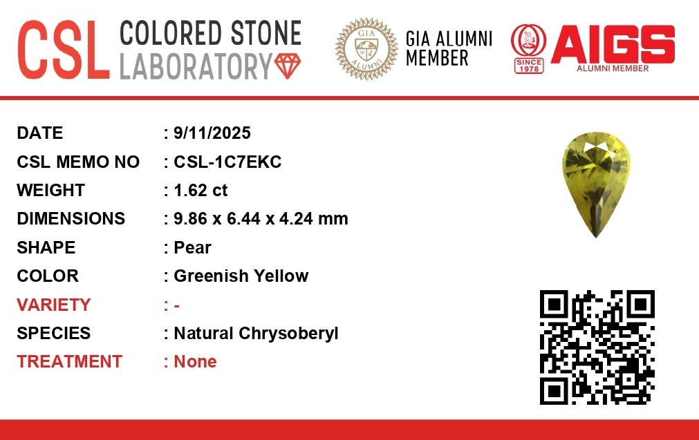 1.62 Ct. Chrysoberyl from Ceylon (Sri Lanka)