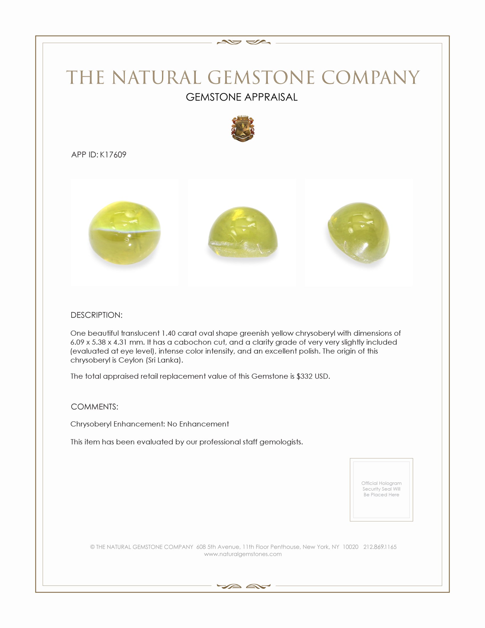 1.40 Ct. Cabochon Chrysoberyl from Ceylon (Sri Lanka)