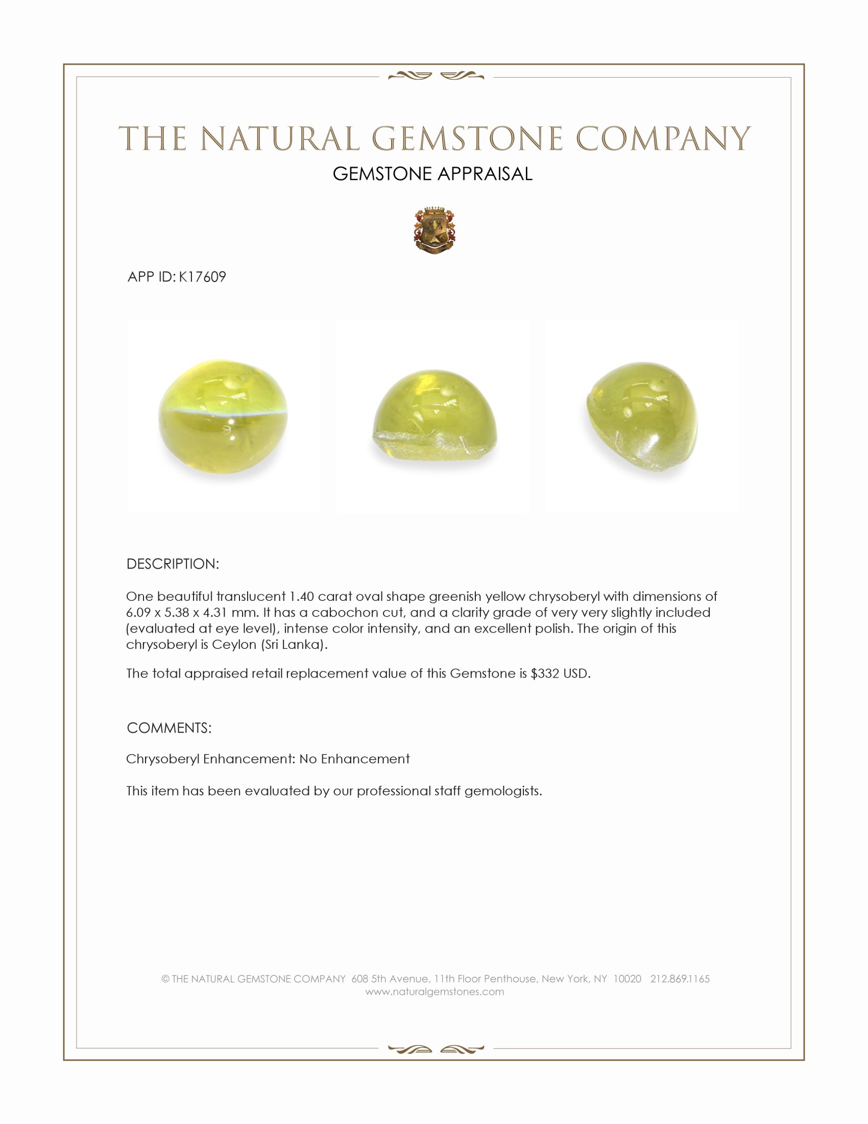 1.40 Ct. Cabochon Chrysoberyl from Ceylon (Sri Lanka)