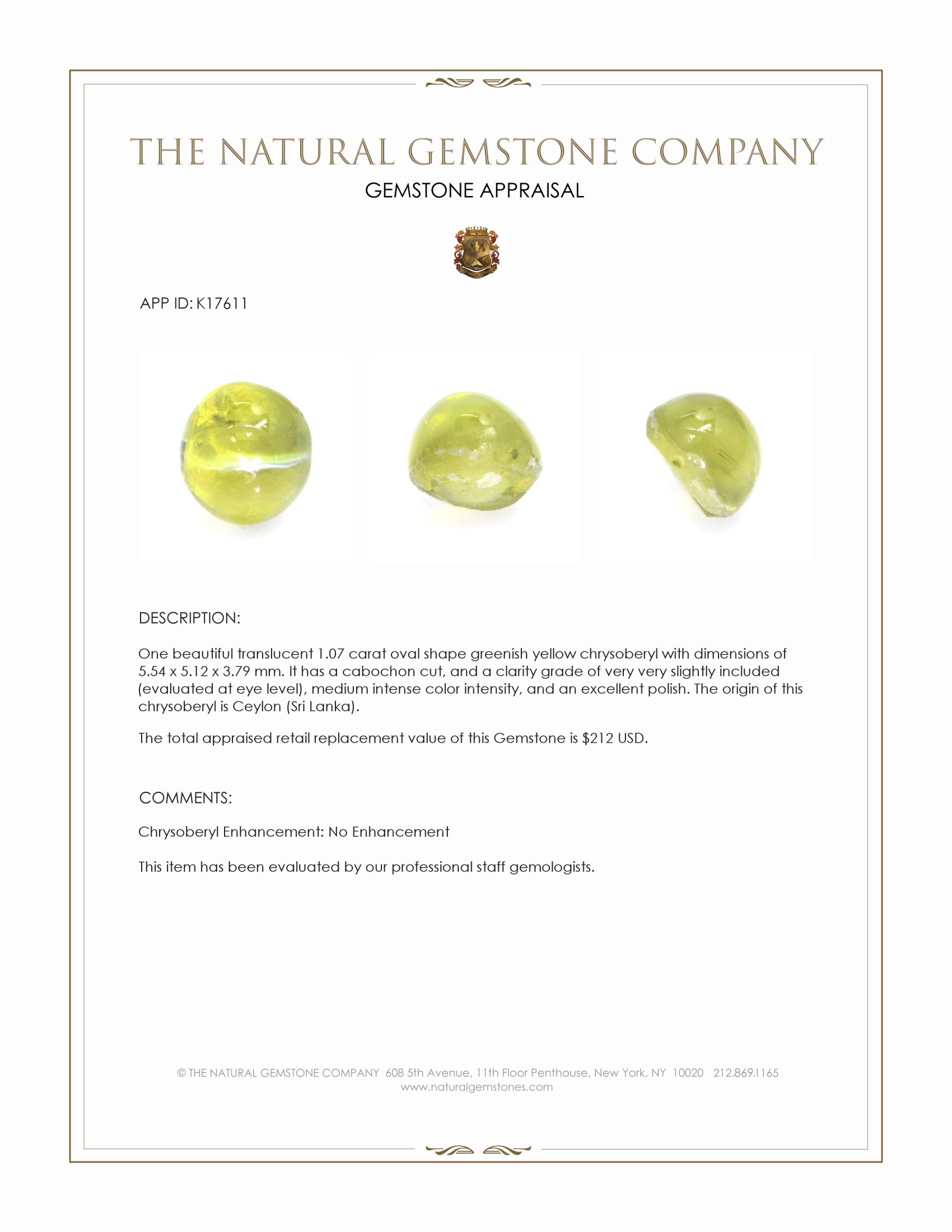 1.07 Ct. Cabochon Chrysoberyl from Ceylon (Sri Lanka)