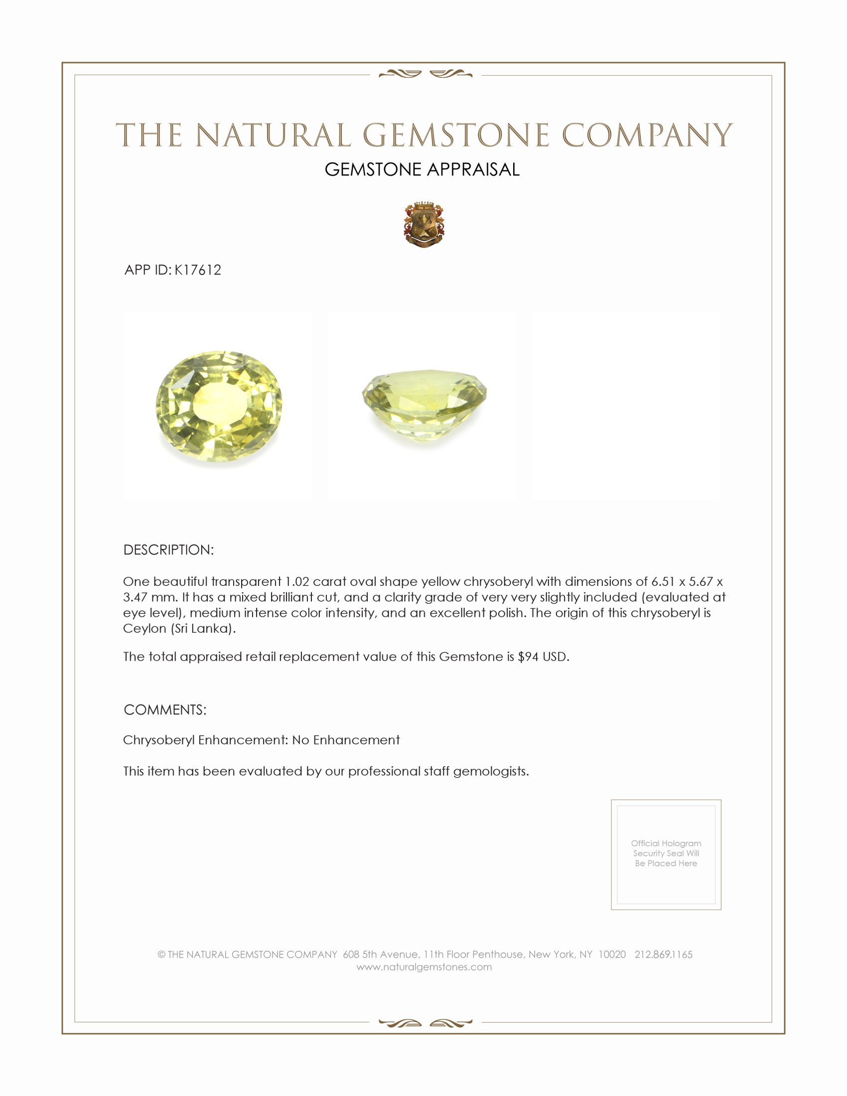 1.02 Ct. Yellow Chrysoberyl from Ceylon (Sri Lanka)