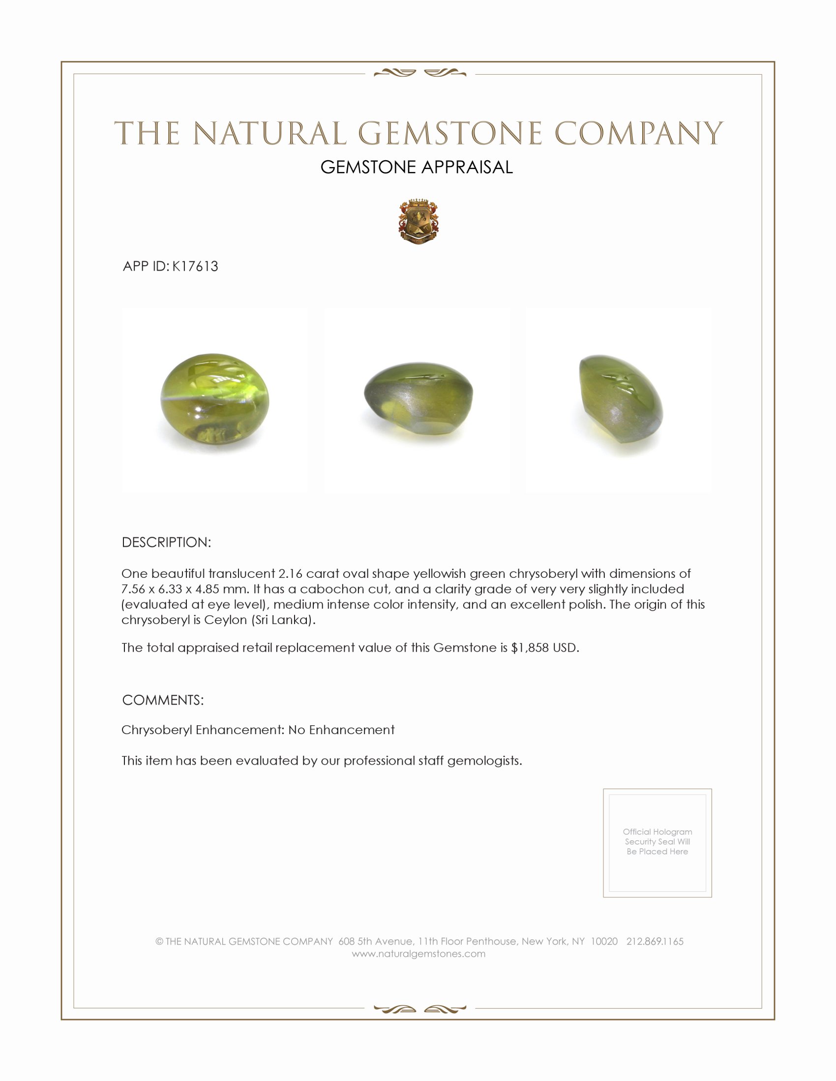 2.16 Ct. Cabochon Chrysoberyl from Ceylon (Sri Lanka)