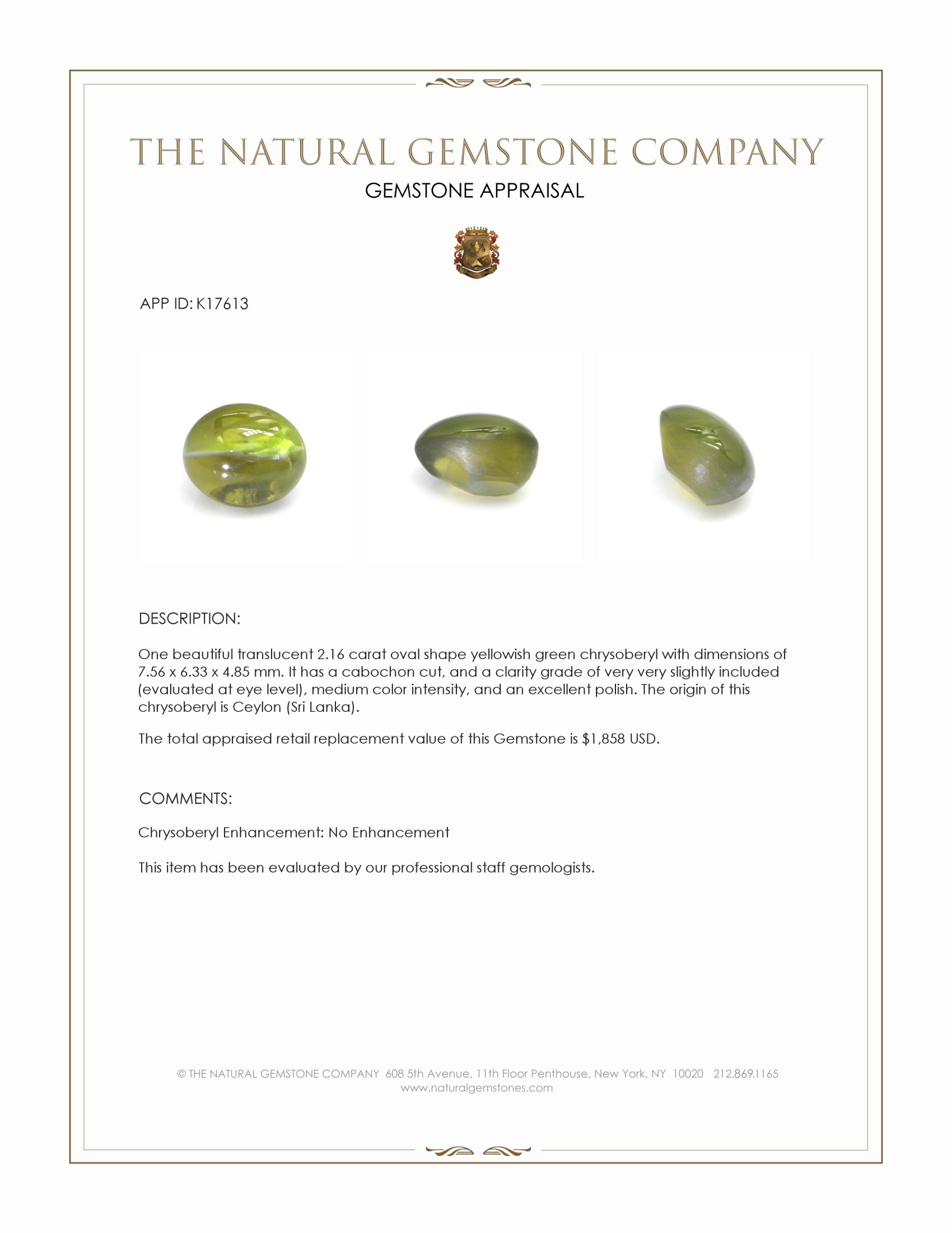 2.16 Ct. Cabochon Chrysoberyl from Ceylon (Sri Lanka)