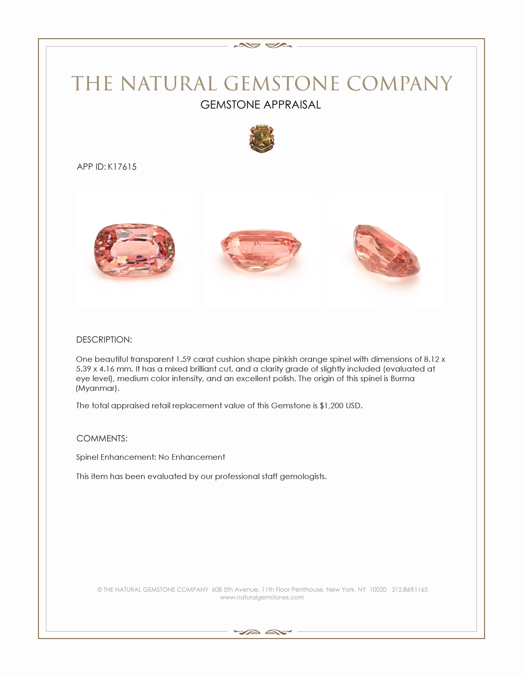 1.59 Ct. Spinel from Burma (Myanmar)