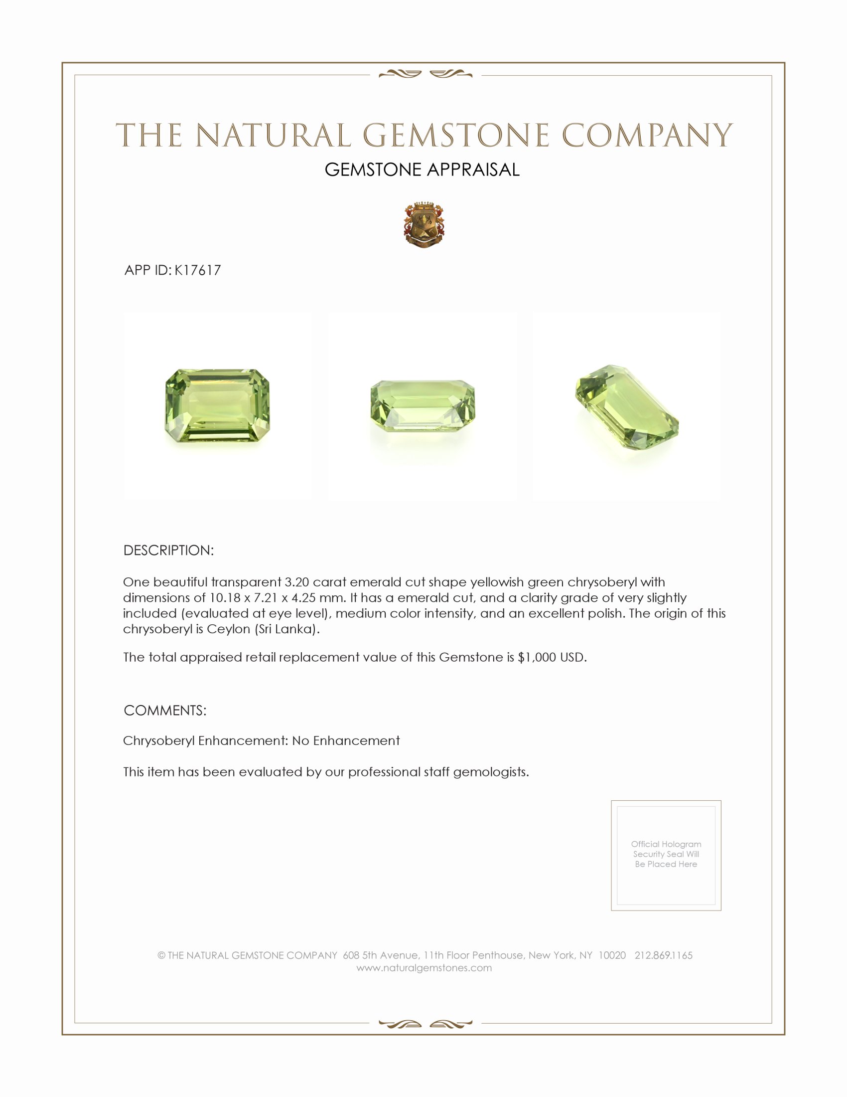 3.20 Ct. Yellowish Green Chrysoberyl from Ceylon (Sri Lanka)