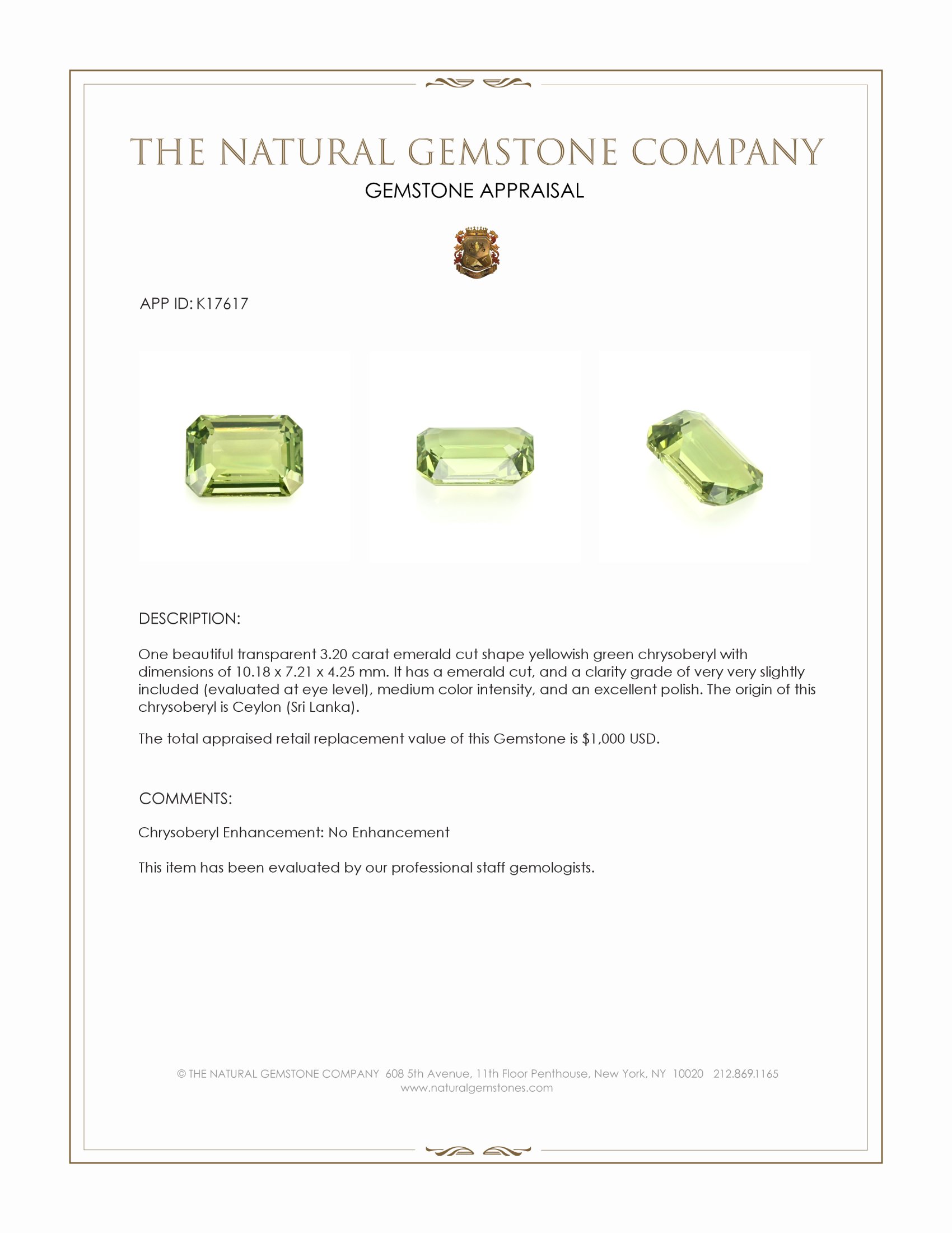 3.20 Ct. Chrysoberyl from Ceylon (Sri Lanka)