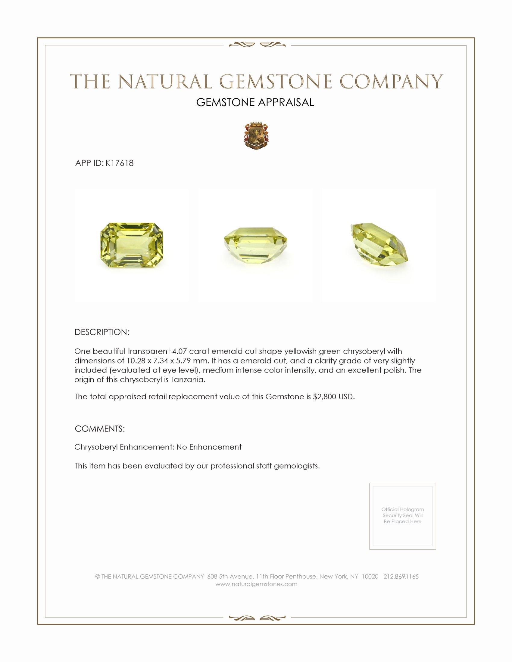 4.07 Ct. Chrysoberyl from Tanzania